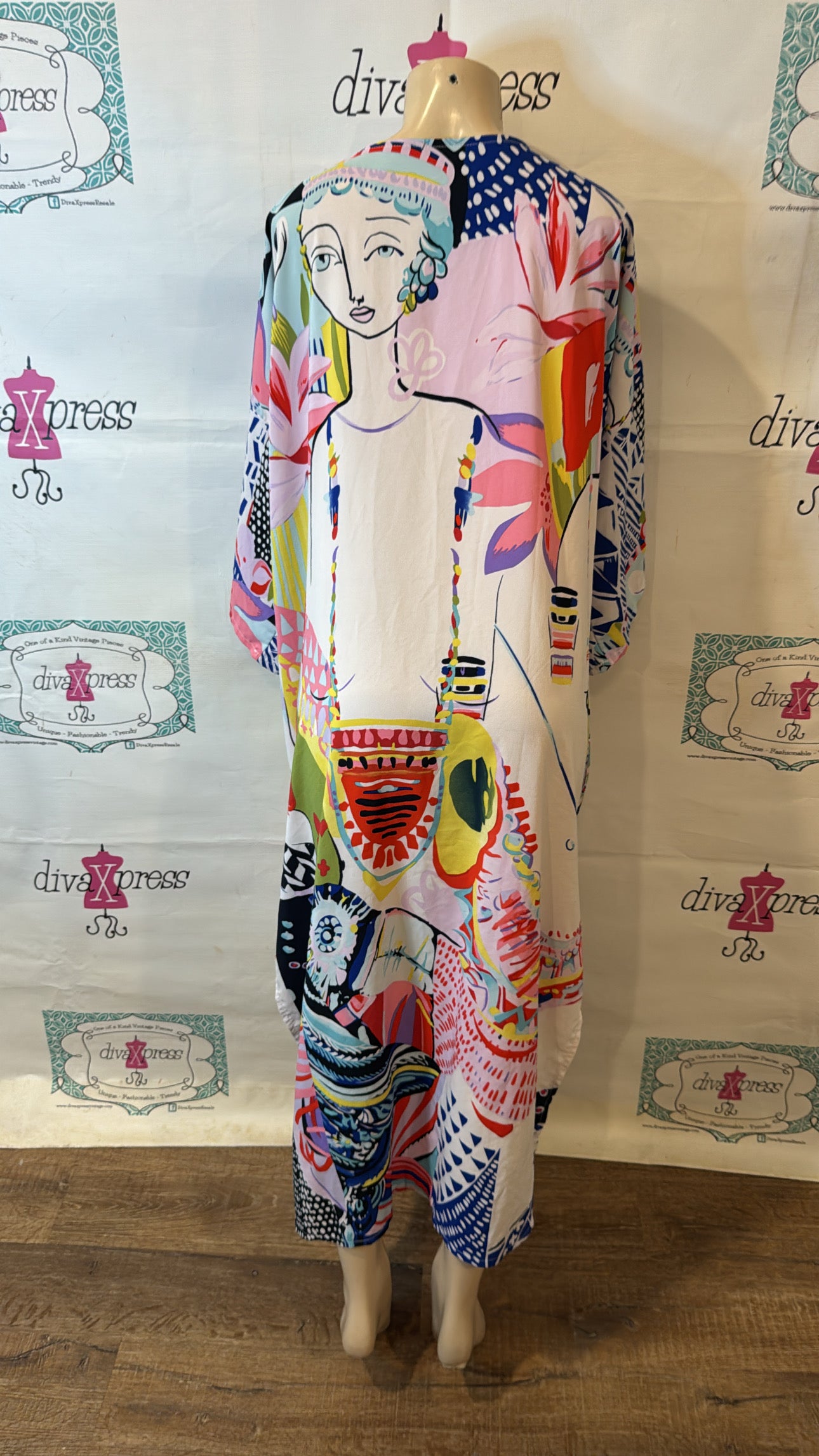 White Colorful Lady Long Silk Duster Throw Size XL