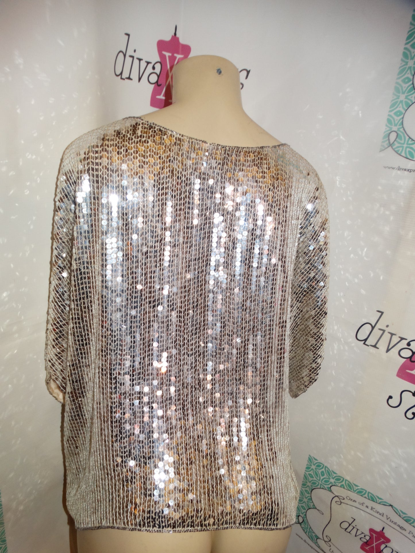 Vintage JLB Silver Cream Sequins Blouse Size XL