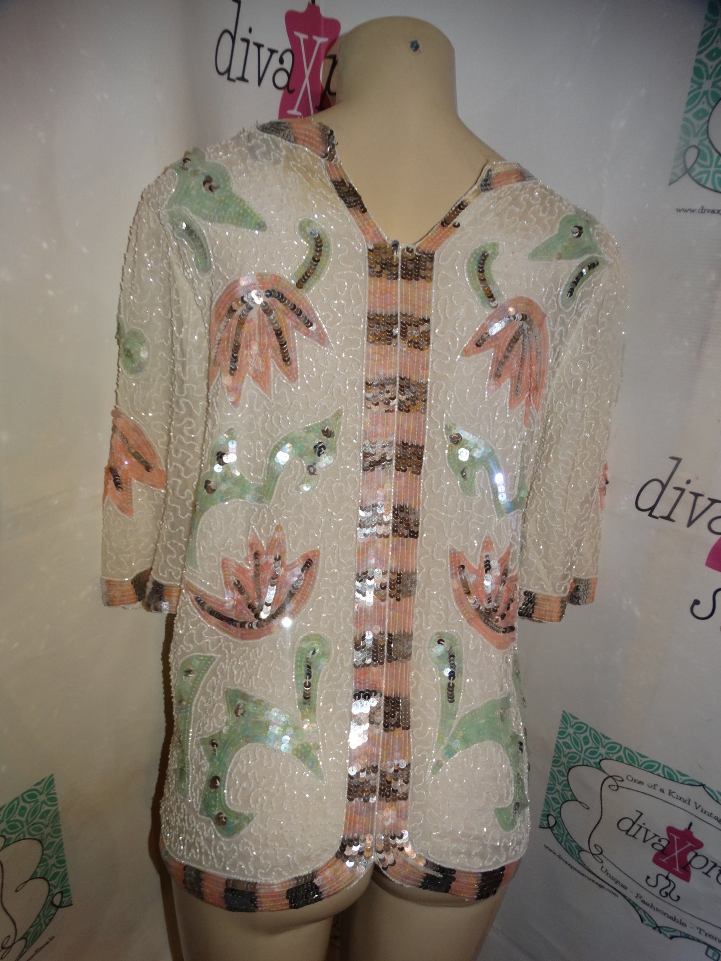 Vintage Royal White Green Pink Sequins Top Size M