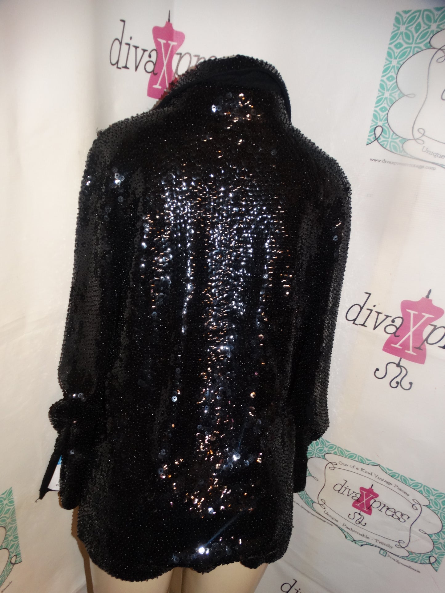 Vintage Sequins Black Low Cut Heavy Top Size XL