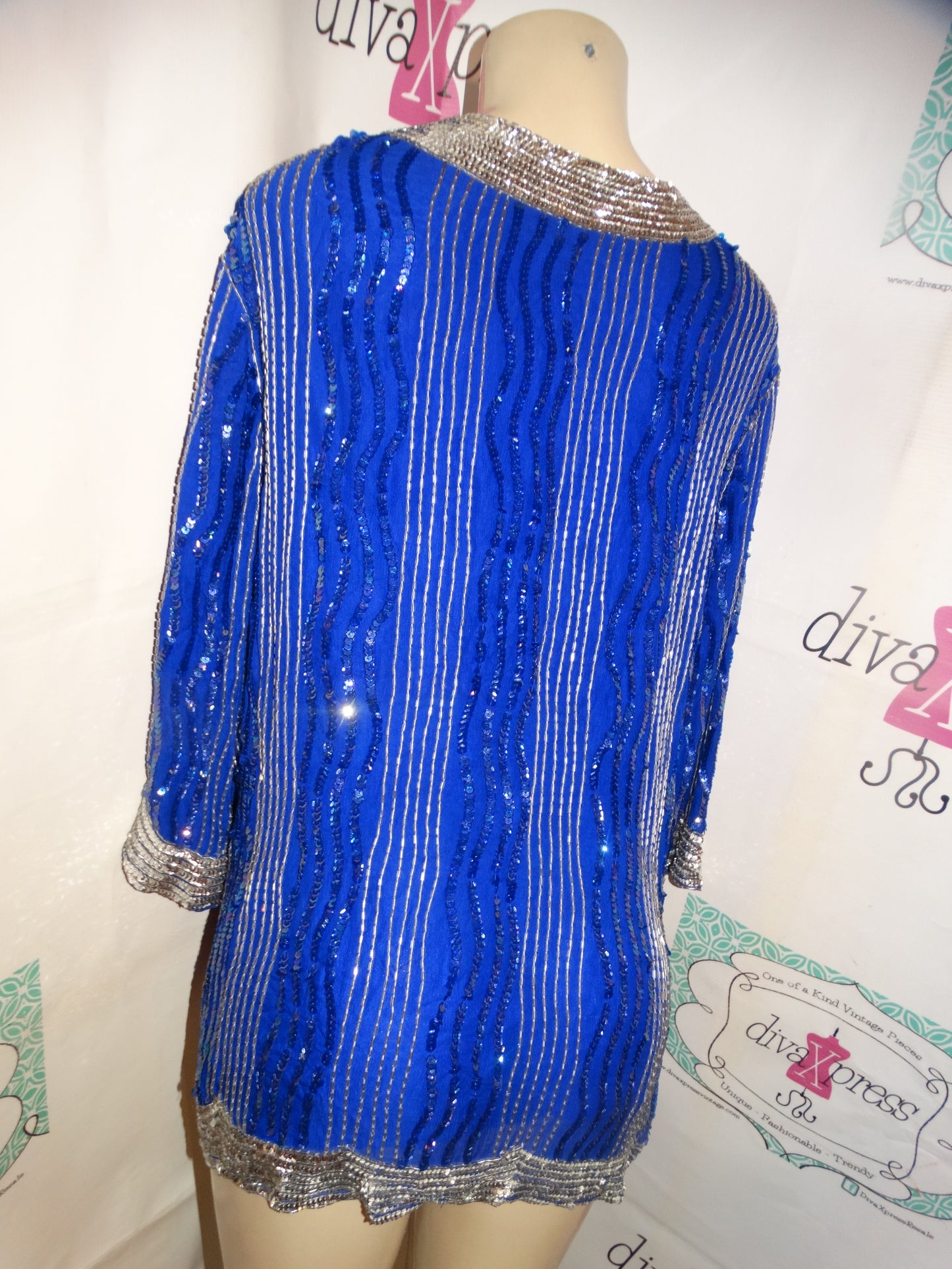Vintage Royal Blue Silver Sequins Top Size L