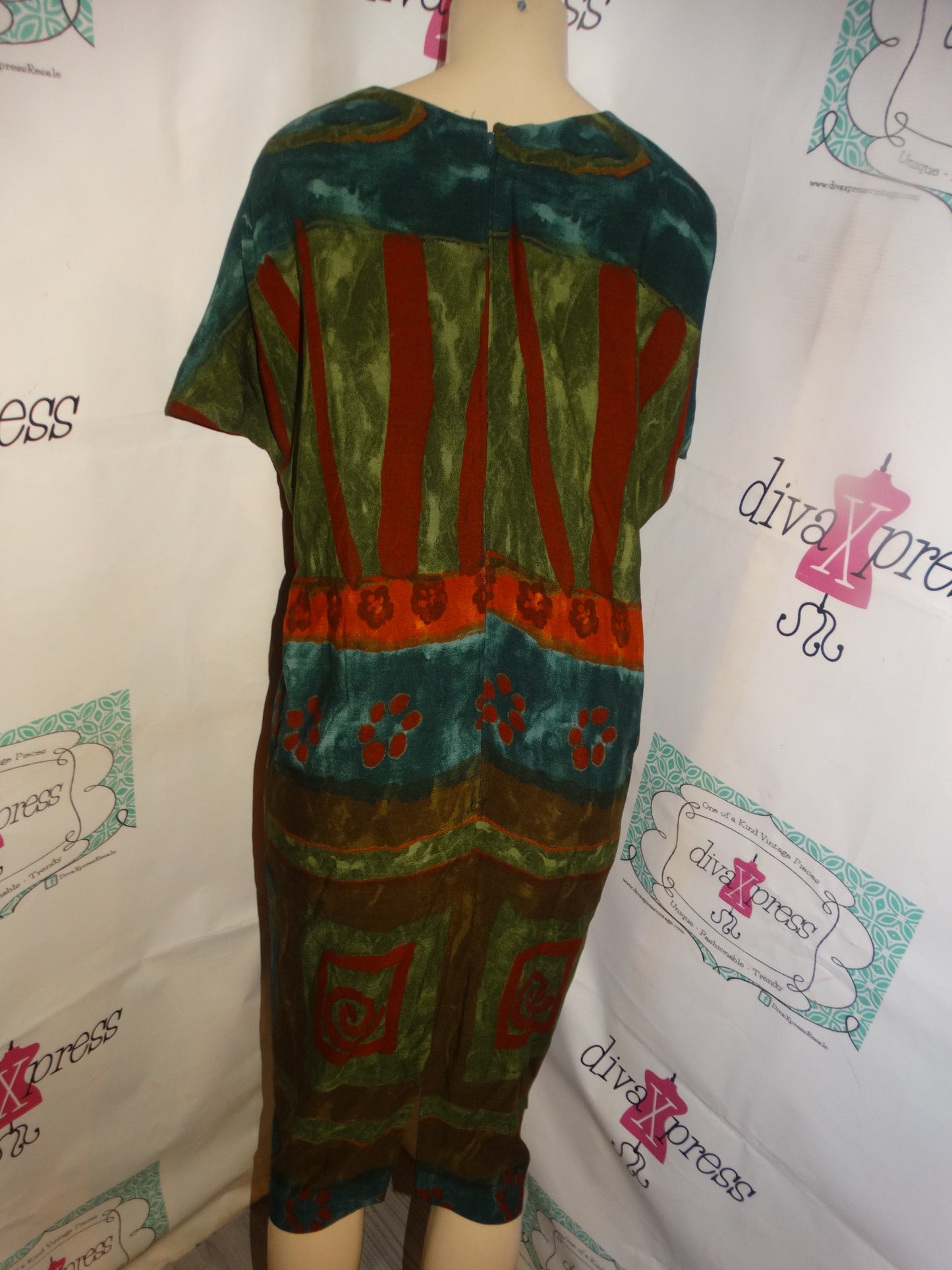 Vintage Karin Stevens Green/Brown Pattern Dress Size L