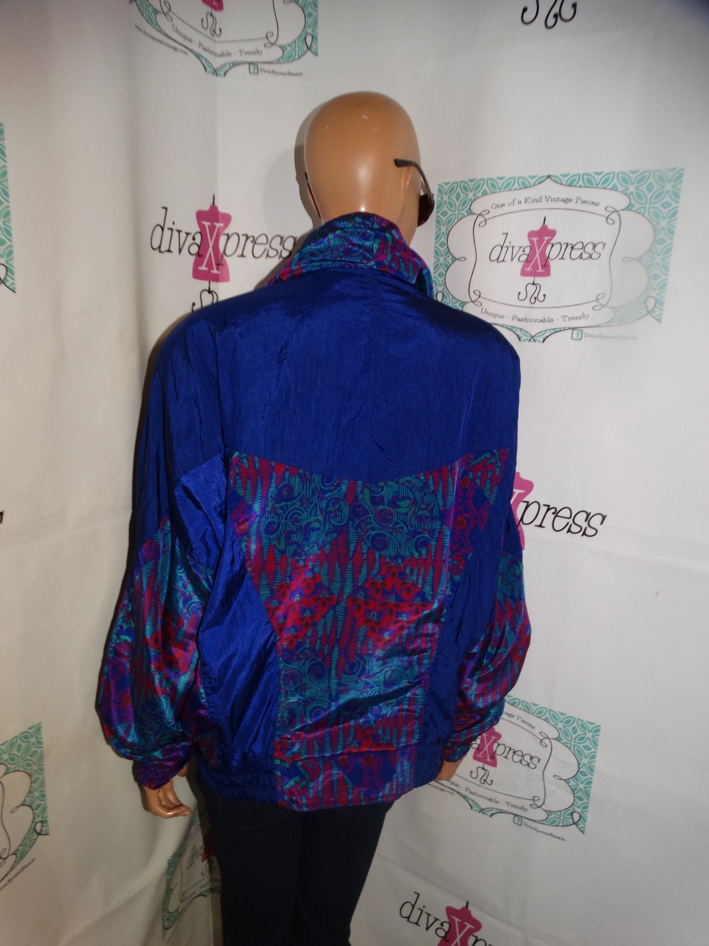Vintage Lavon Blue Pink Teal Bomber Jacket Size L