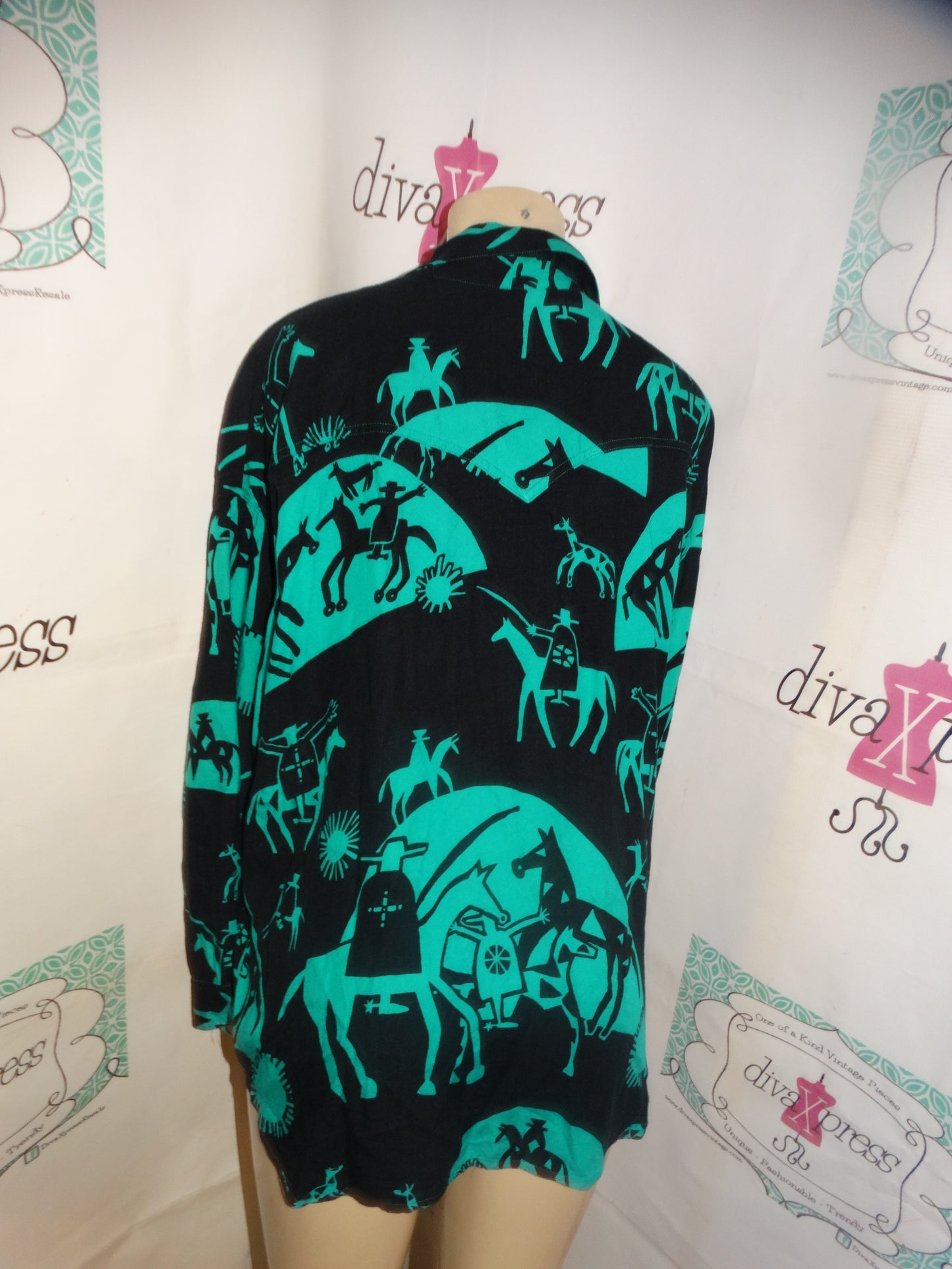 Vintage Nicole Miller Black/Green Cowboy Blouse Size XL