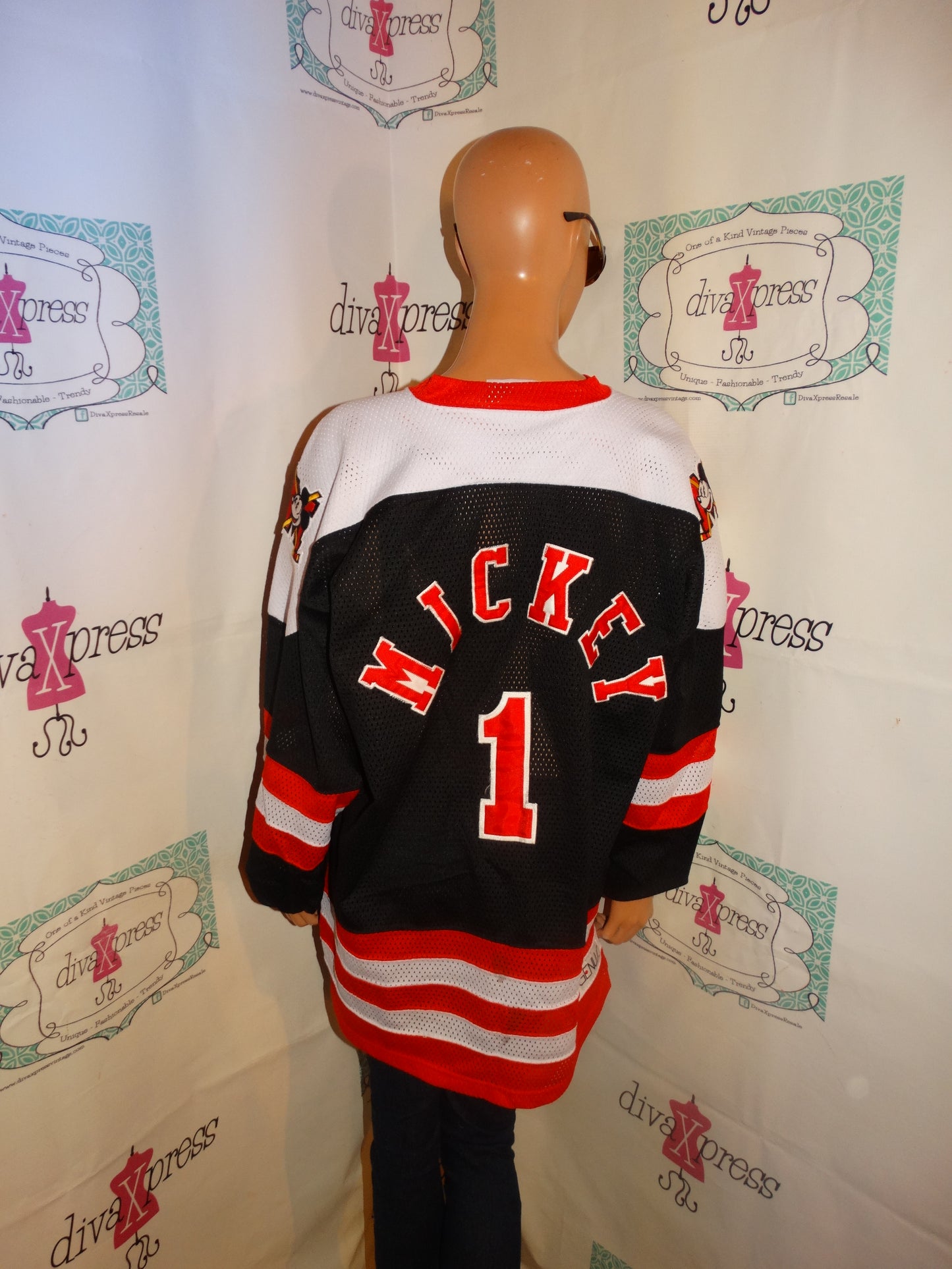 Vintage Genus Mickey Mouse Black/White Red Hockey Jersey Size XL