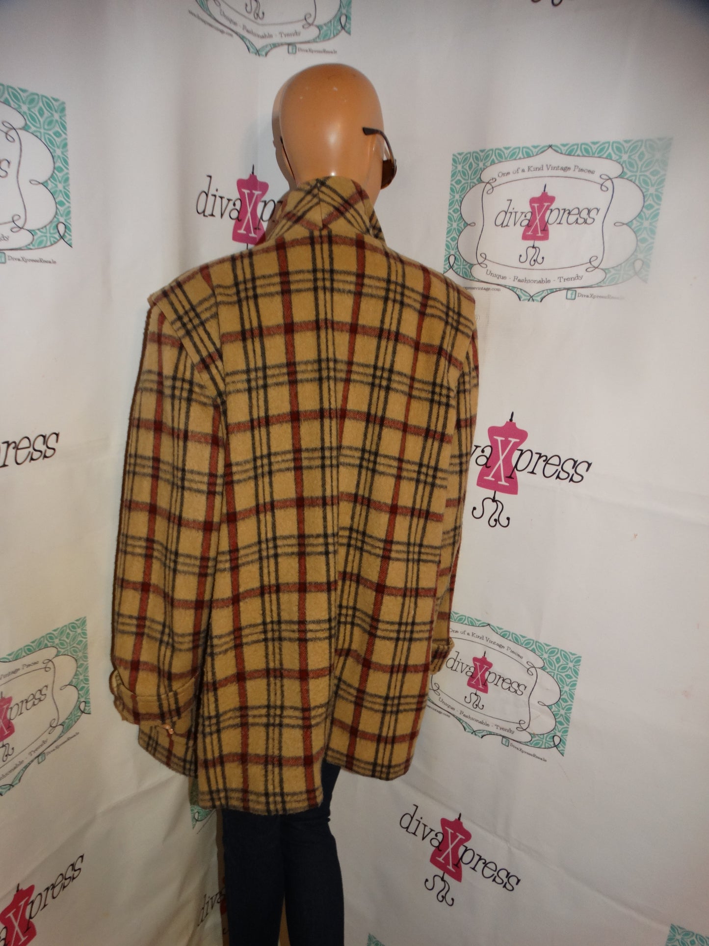 Vintage Lauren Sara Tan/ Burgundy Black wool Coat Size XL