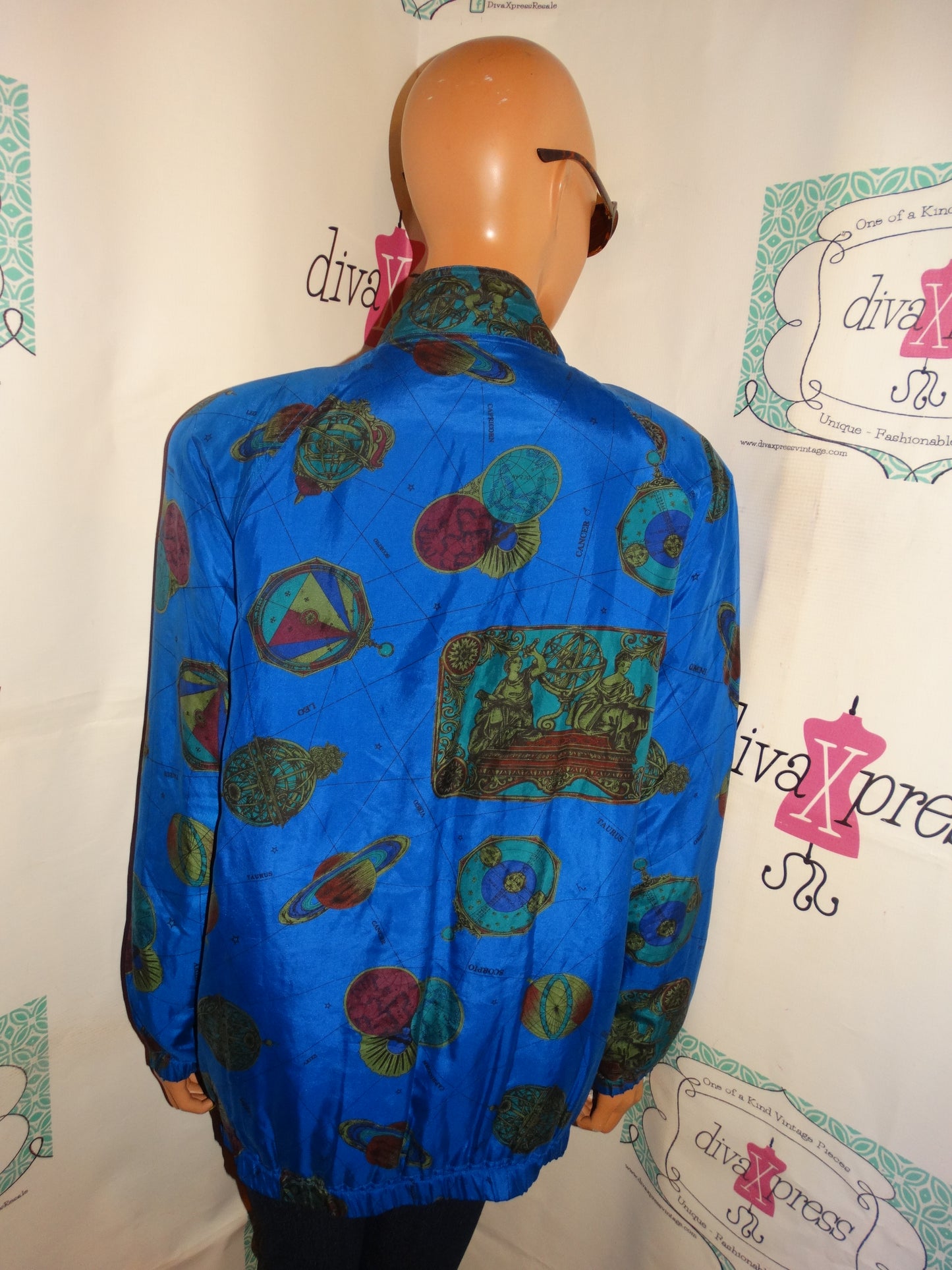 Vintage Regina Porter Royal Blue Zodiac Sign Silk Bomber Jacket L