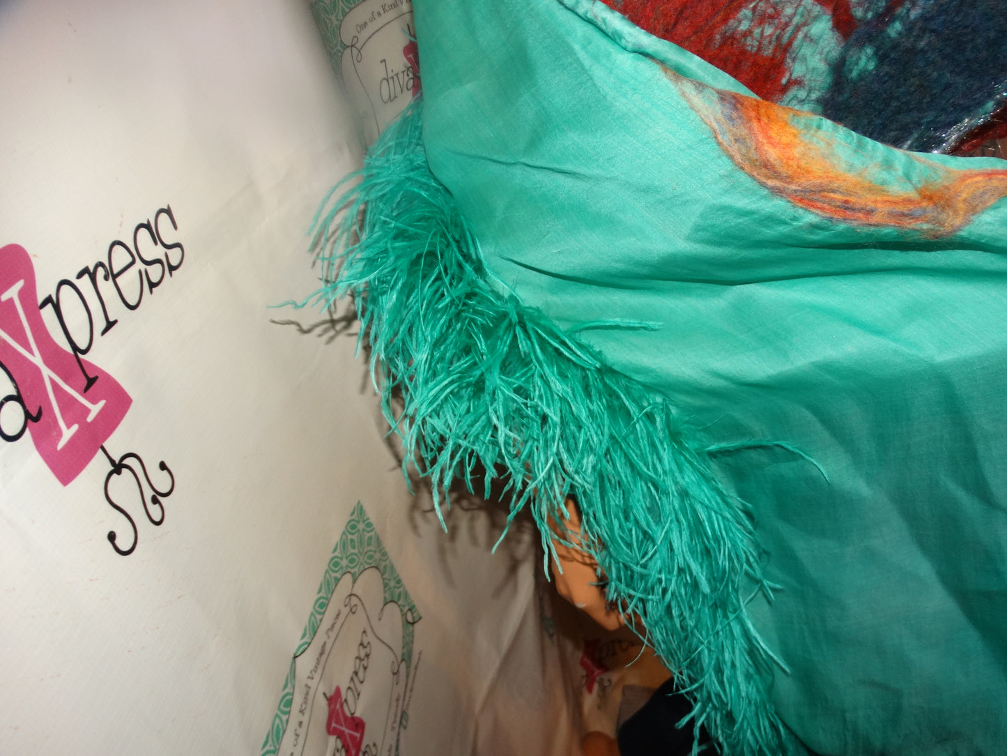 Vintage Teal Ruffle Burgundy Cream Throw with Feathers Size one Size Fits All