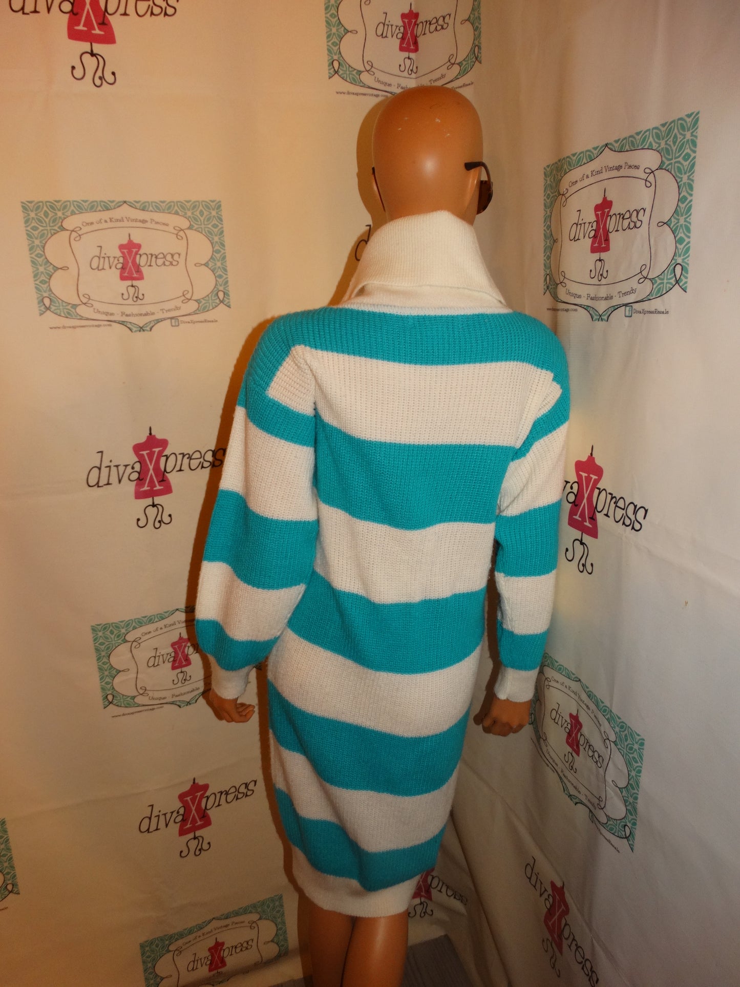 Vintage Milano TEal/White Striped Sweater Dress Size M
