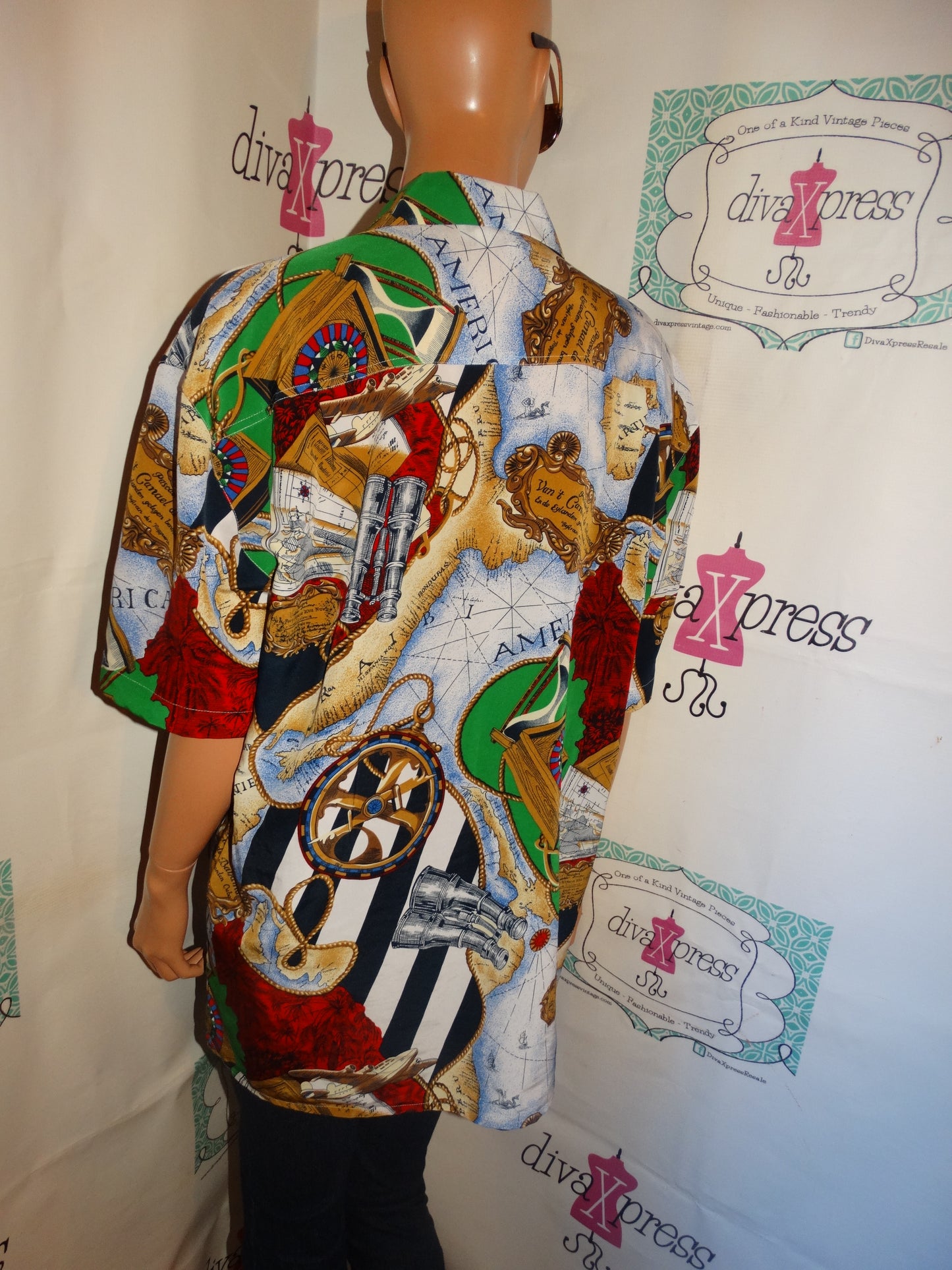 Vintage SK & Company Blue/White Chain Blouse Size XL