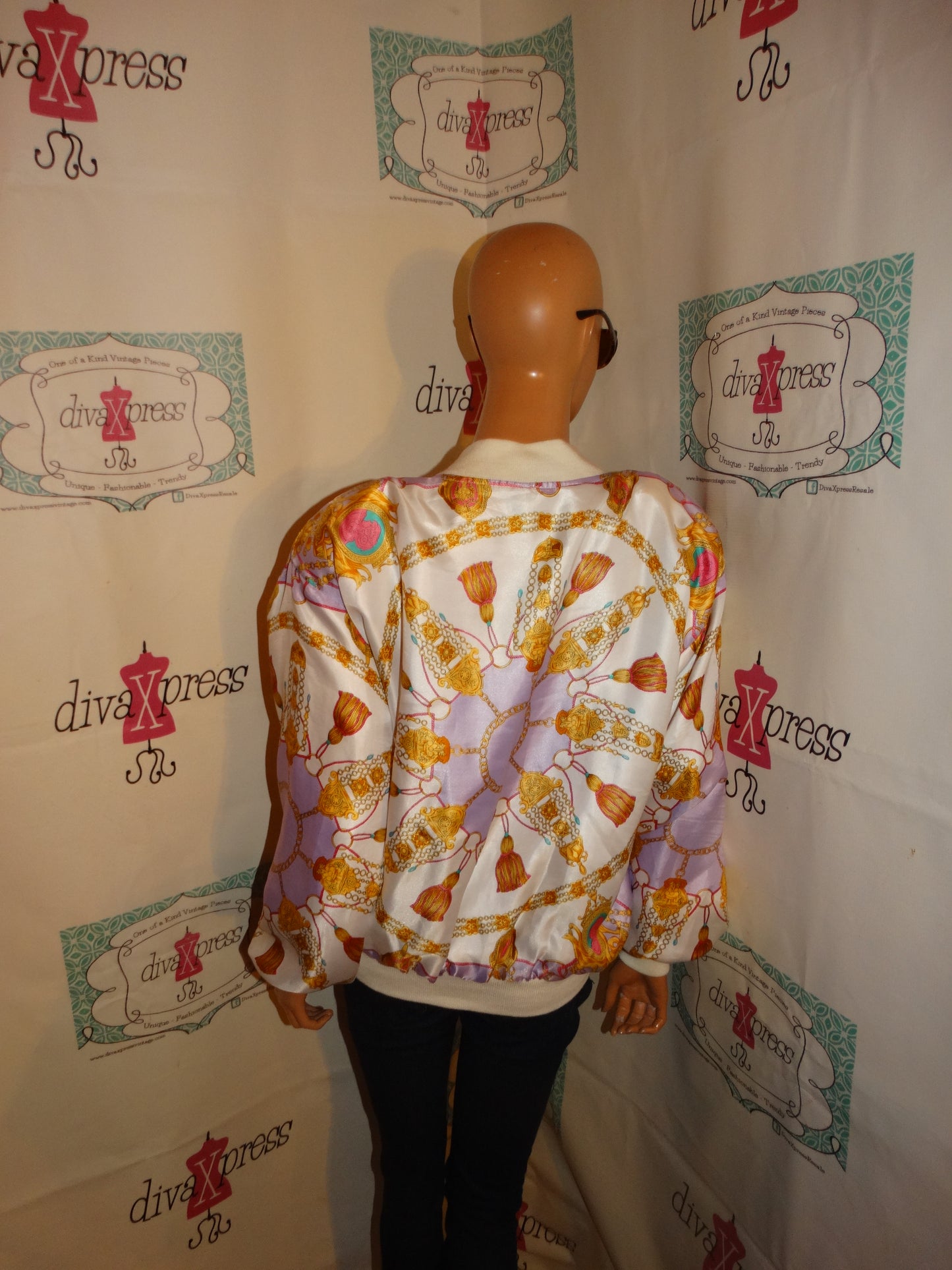 Vintage White Pink Chain Bomber Jacket Size L