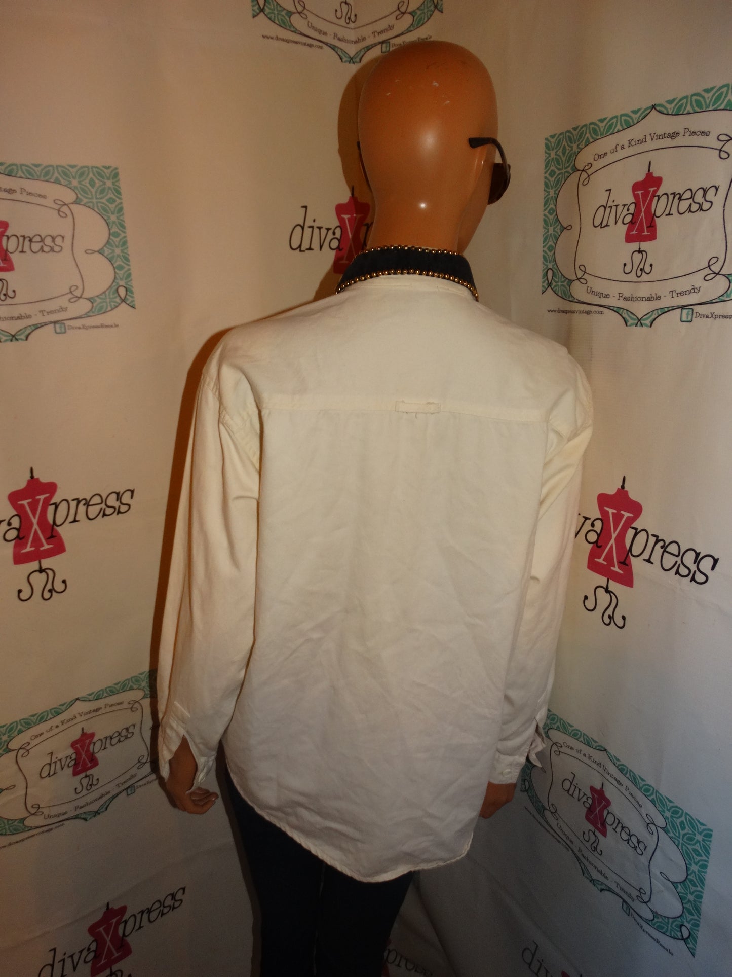 Vintage LOOK NYE Cream Beaded Collar Top Size L