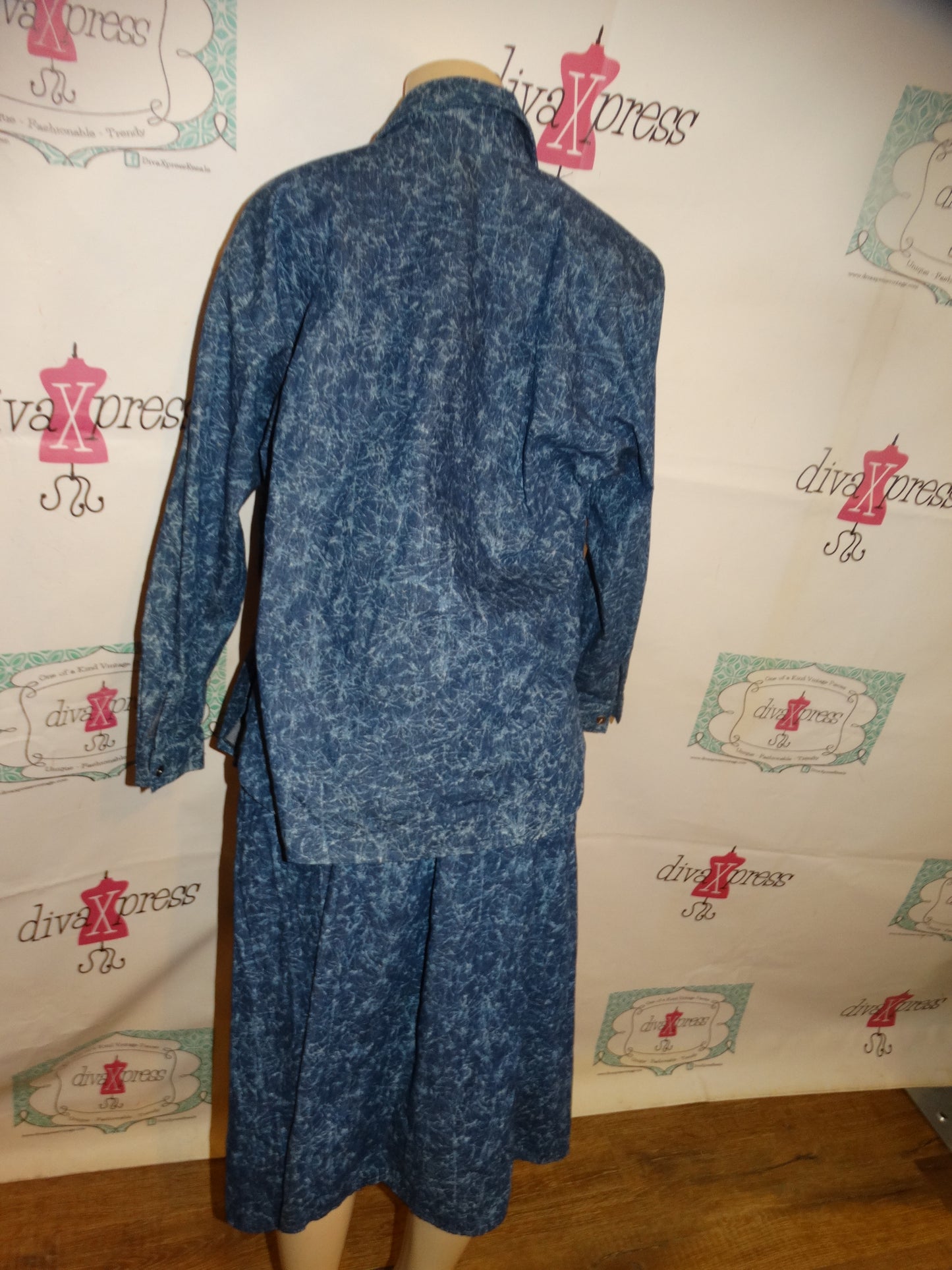 Vintage Blue Jean Beaded 2 Piece Dress Set Size L