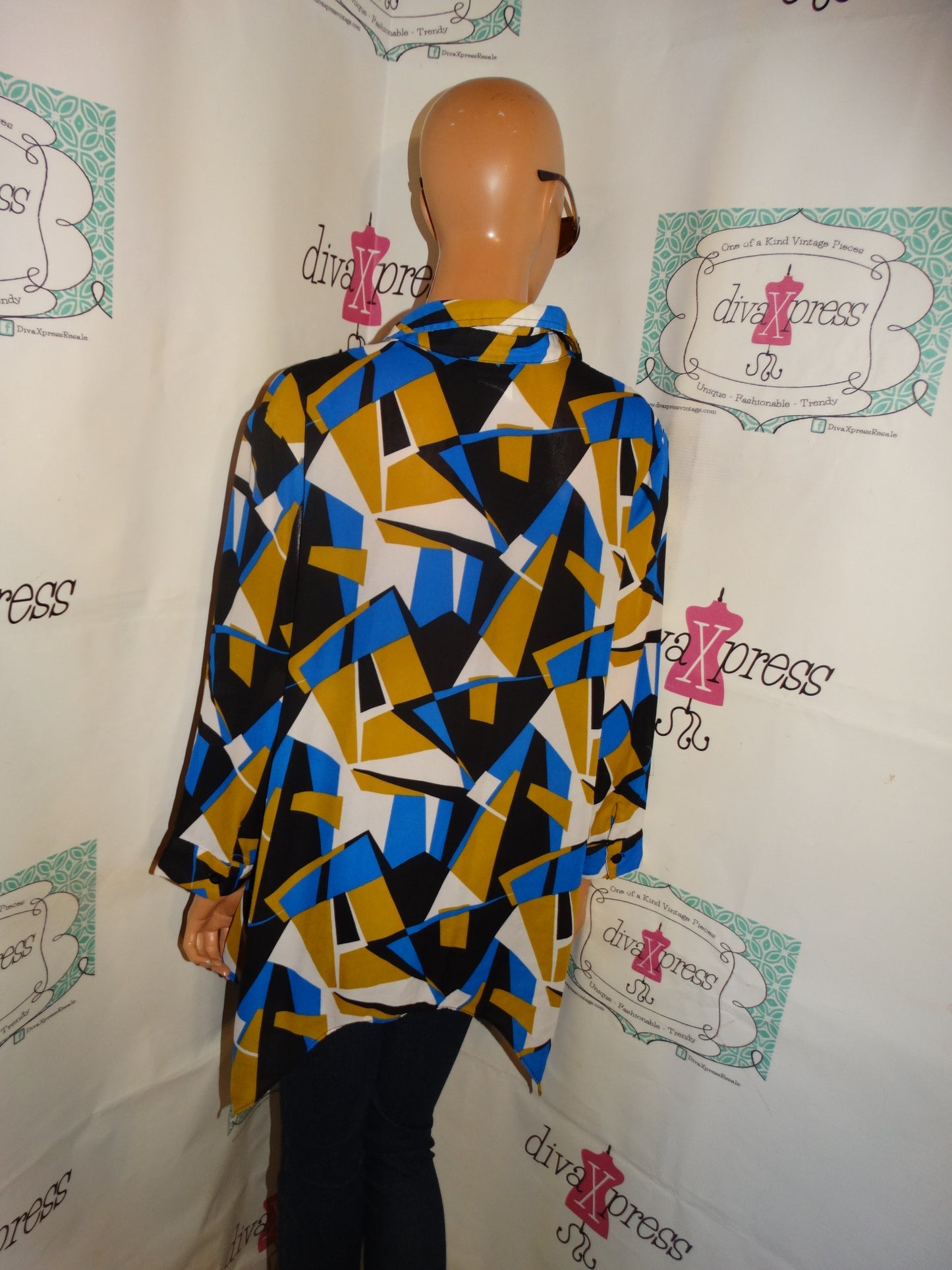 Vintage Travel Elements Gold/Blue Blouse Size 1x