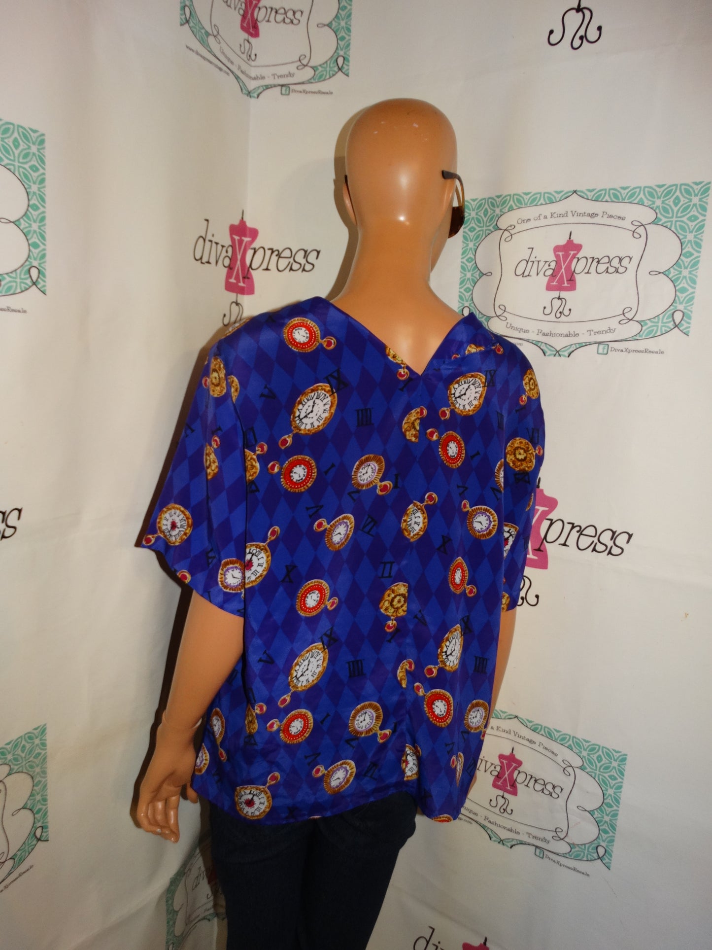 Vintage Notations Purple Clock Blouse Size M