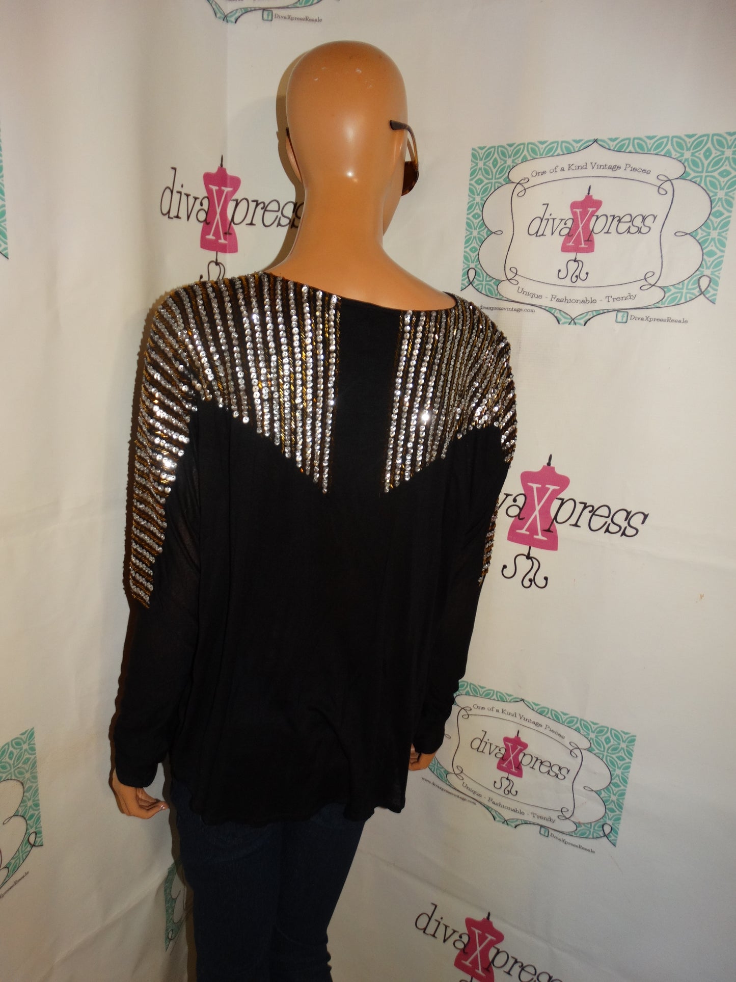 Vintage Thumbs Up Black Sequins Top Size XL