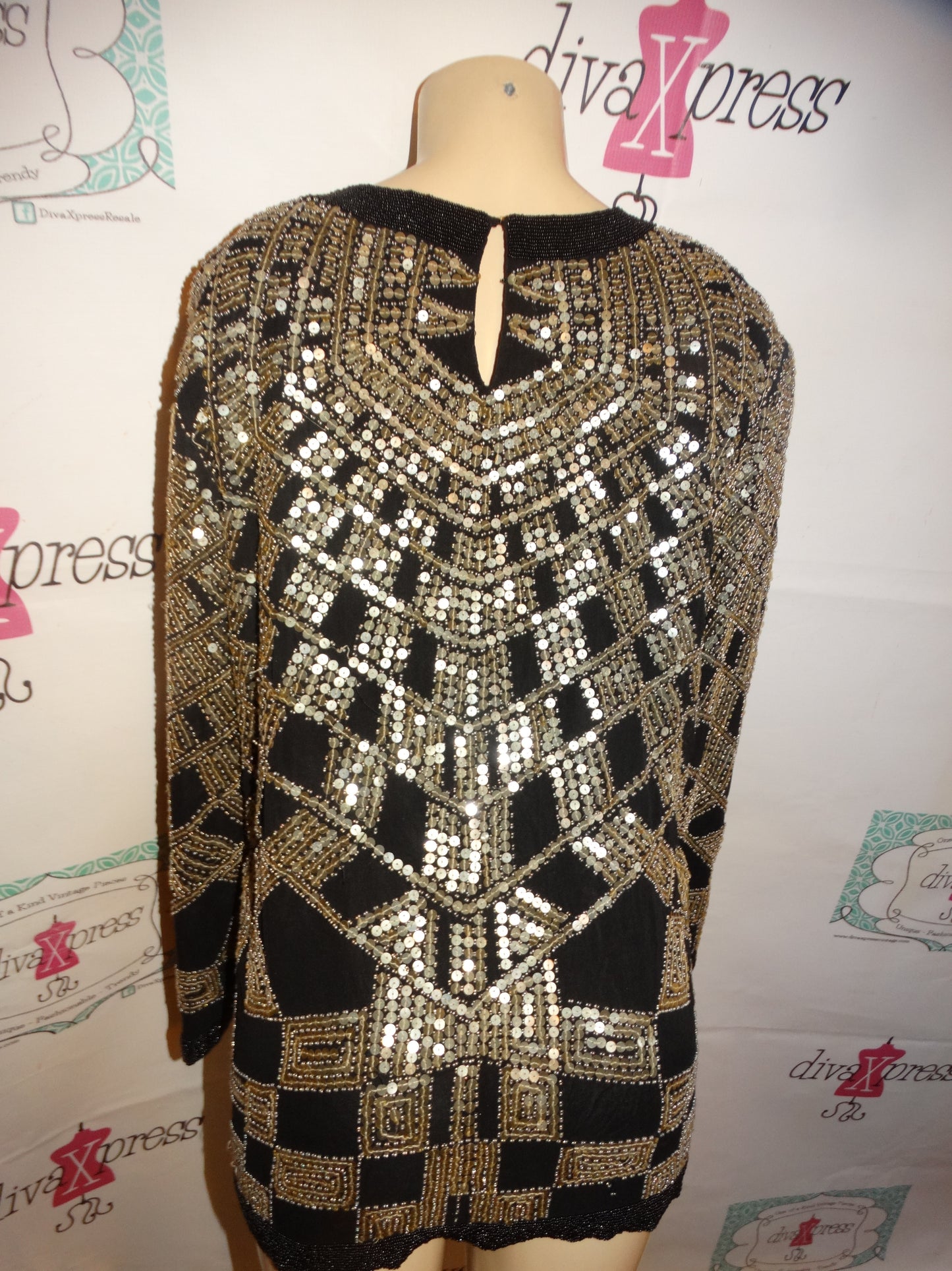 Vintage Oleg Cassini Black Gold Sequins Top Size XL