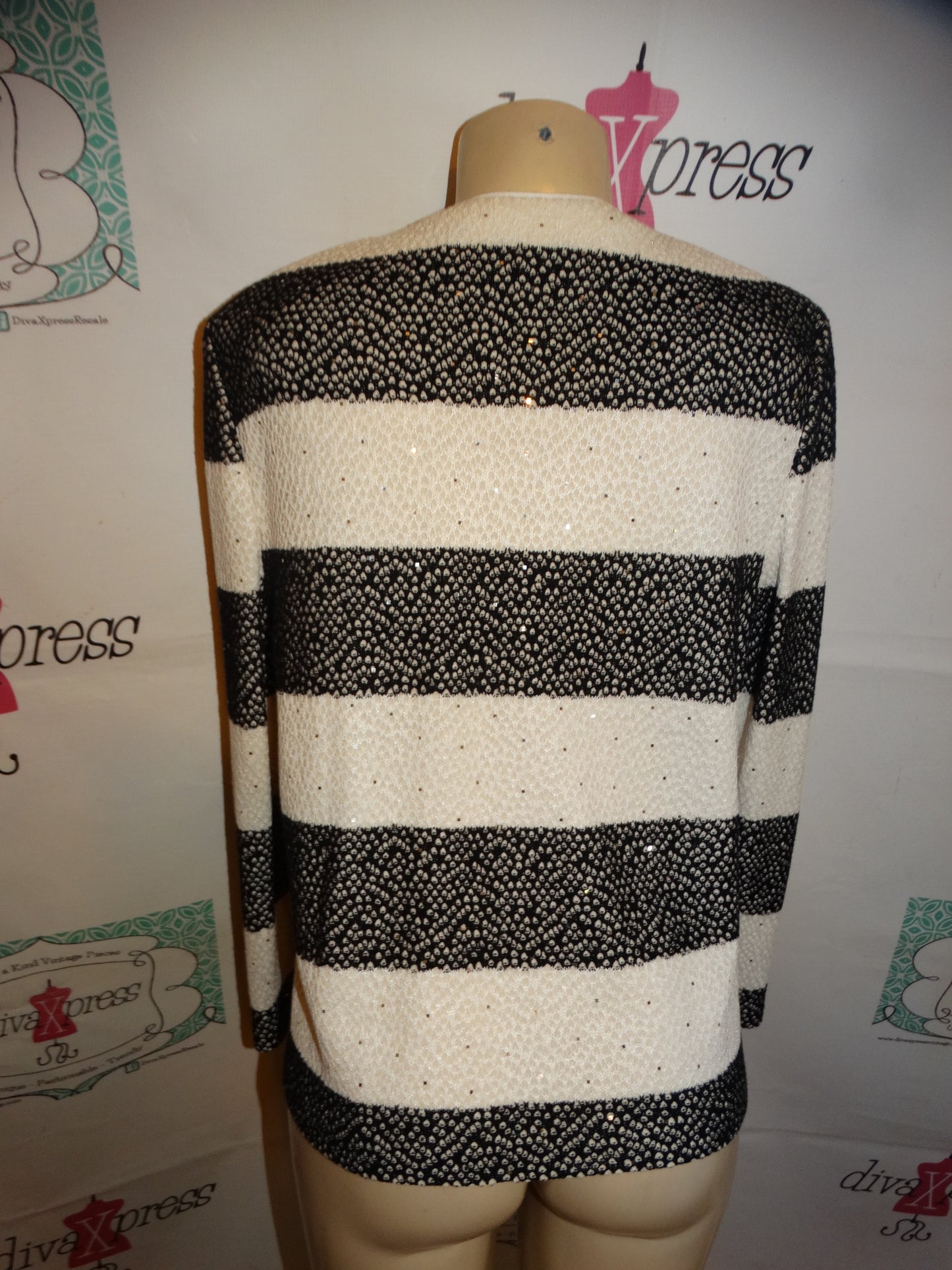 Vintage St John Black/White Stripe Sweater Cardigan Size L