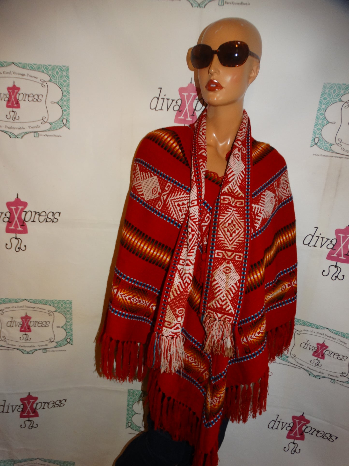 Vintage REd Aztec Poncho Size 1 Size Fits All