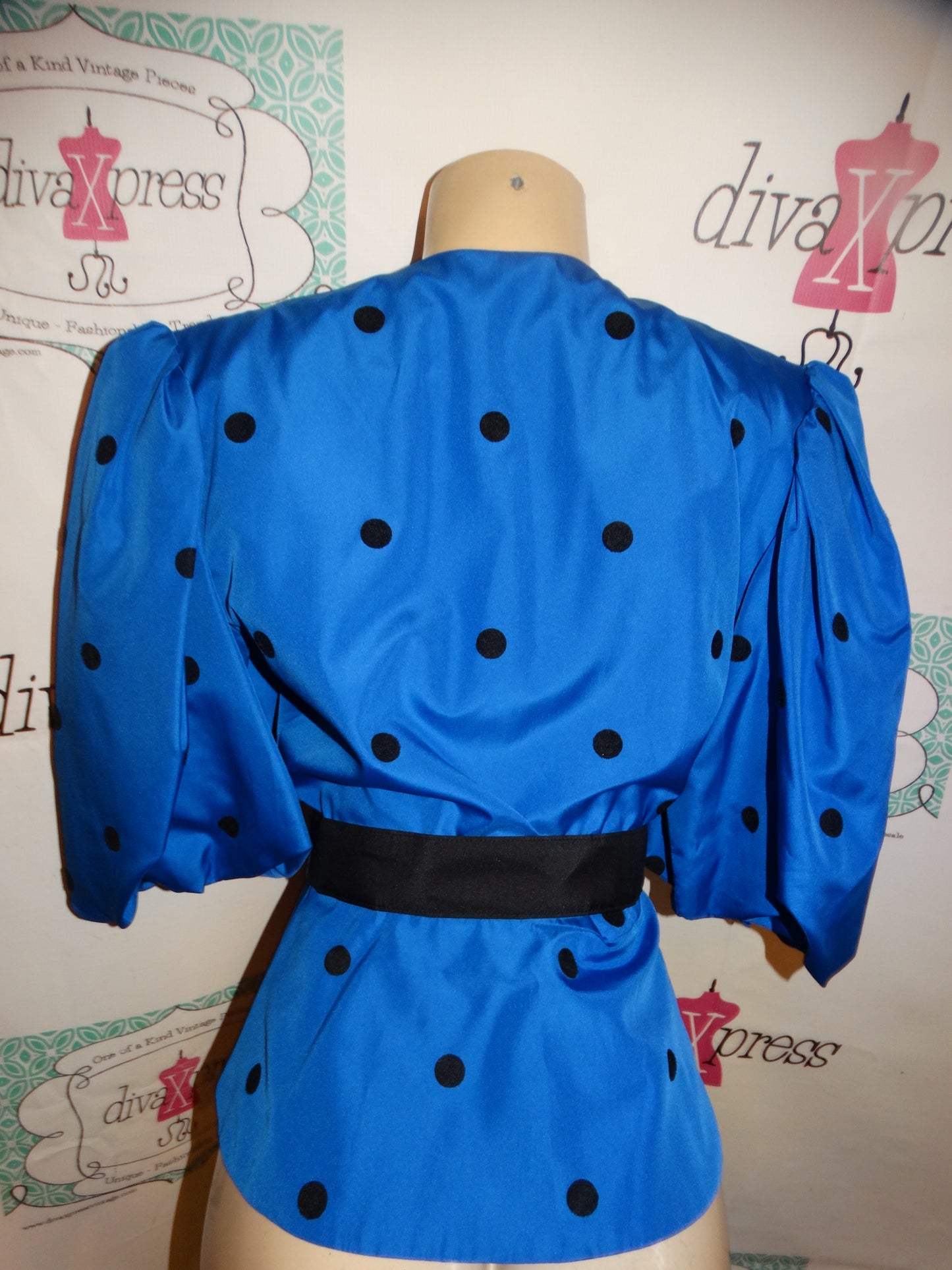 Vintage Howard Wolf Blue/Black Polka Dot High Shoulder Blouse Size M