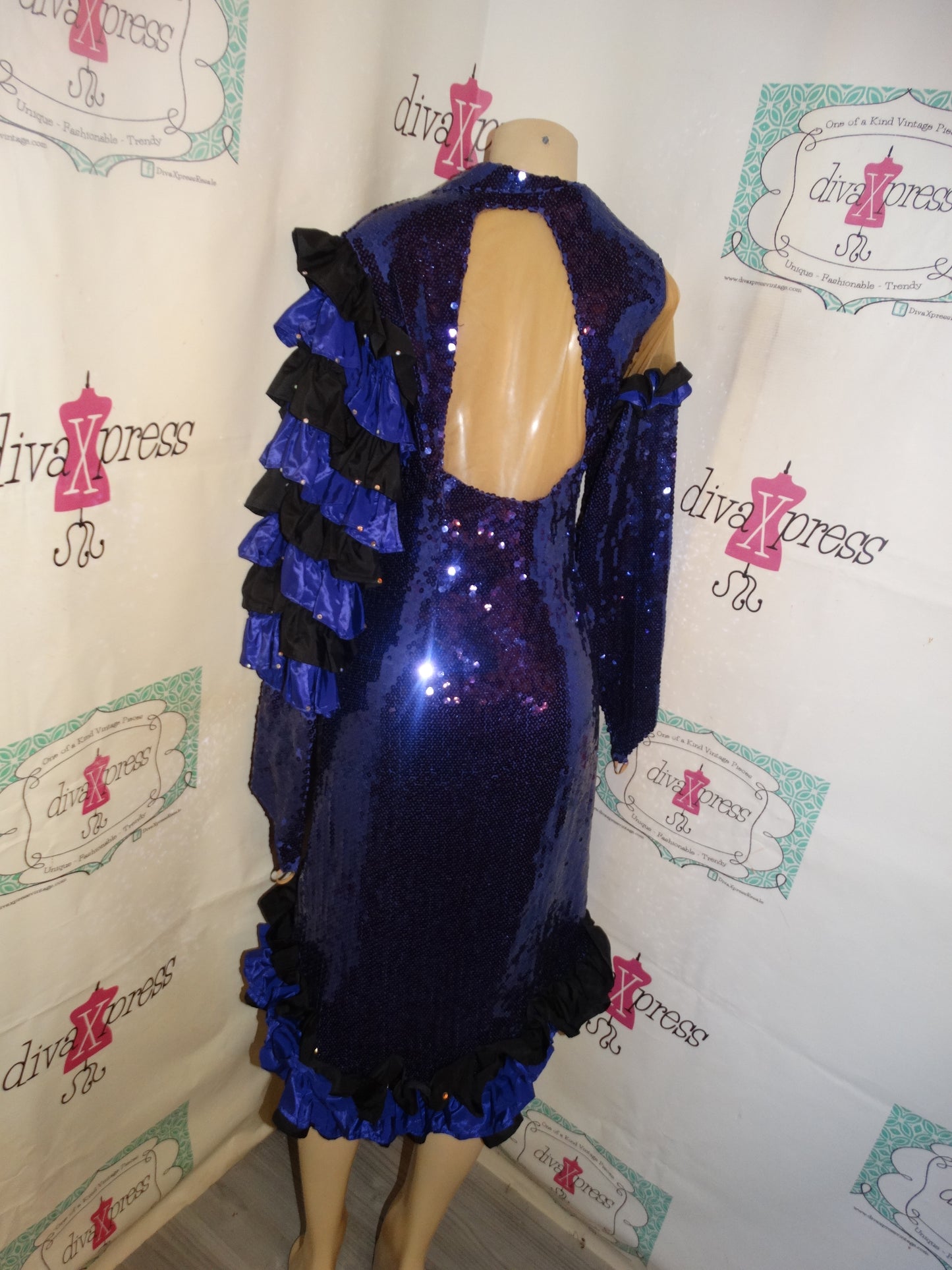 Vintage Purple and Black Sequins/Ruffle Dress/Dress Size M