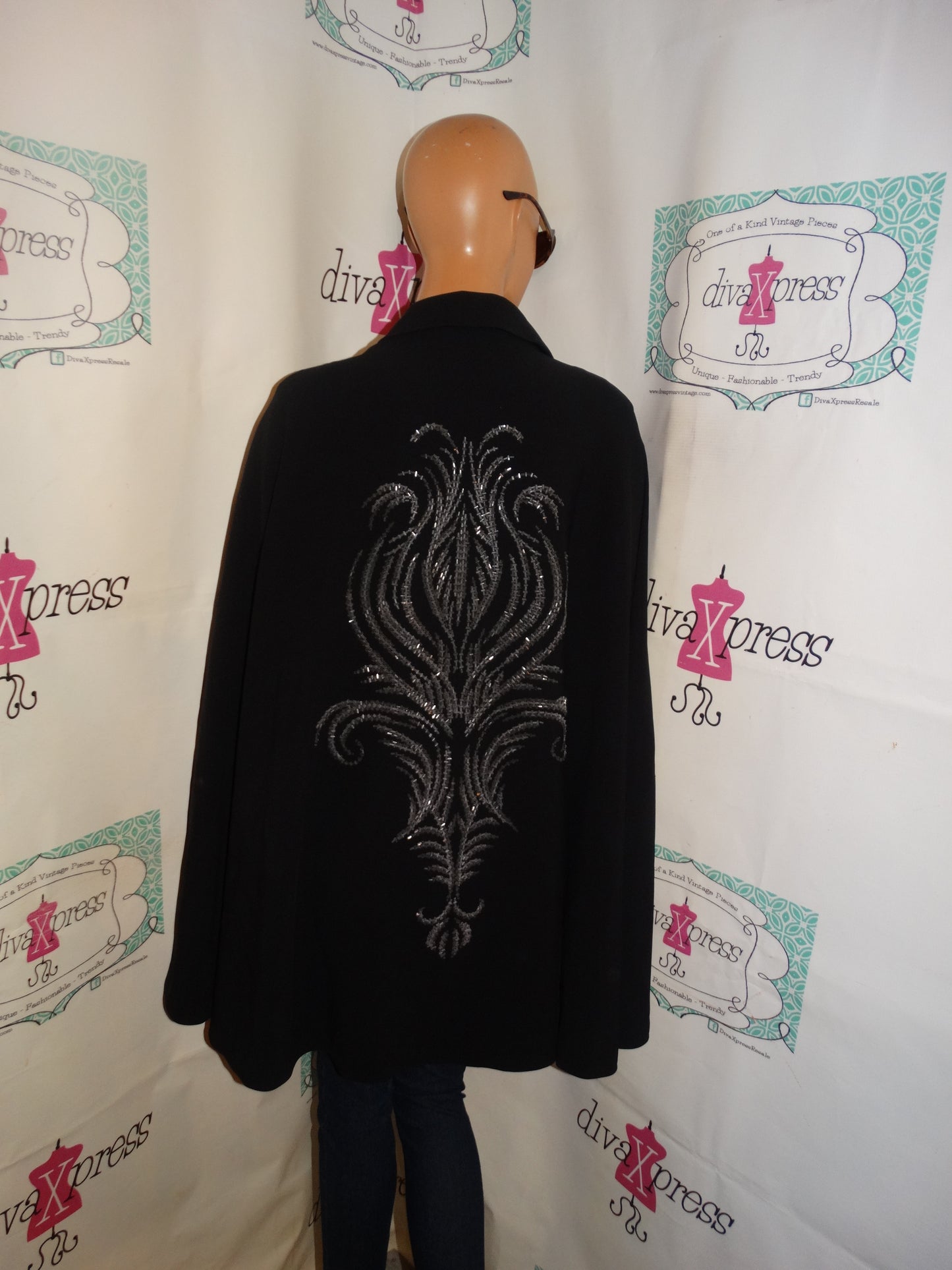 Vintage Peter Nyguard Black/ Silver Beaded Poncho Size L-1x