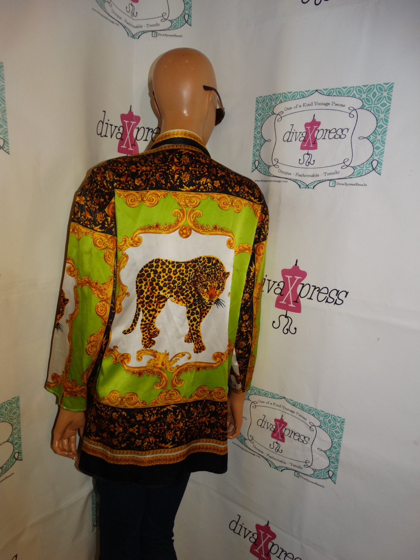 Vintage Versace Syle Lime Green/Black Tiger Blouse Size L