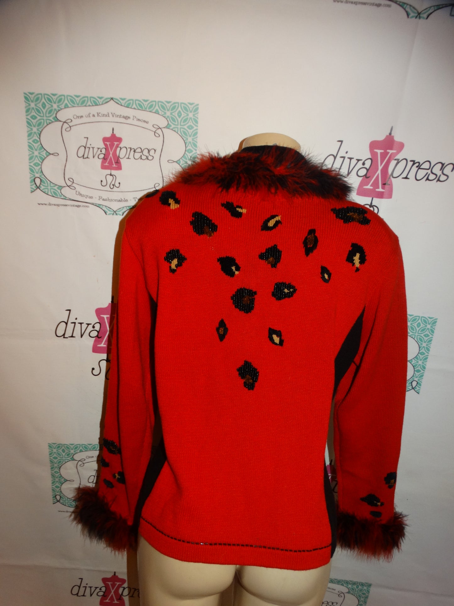 Vintage Berek Red Leopard Feather Sweater Size L