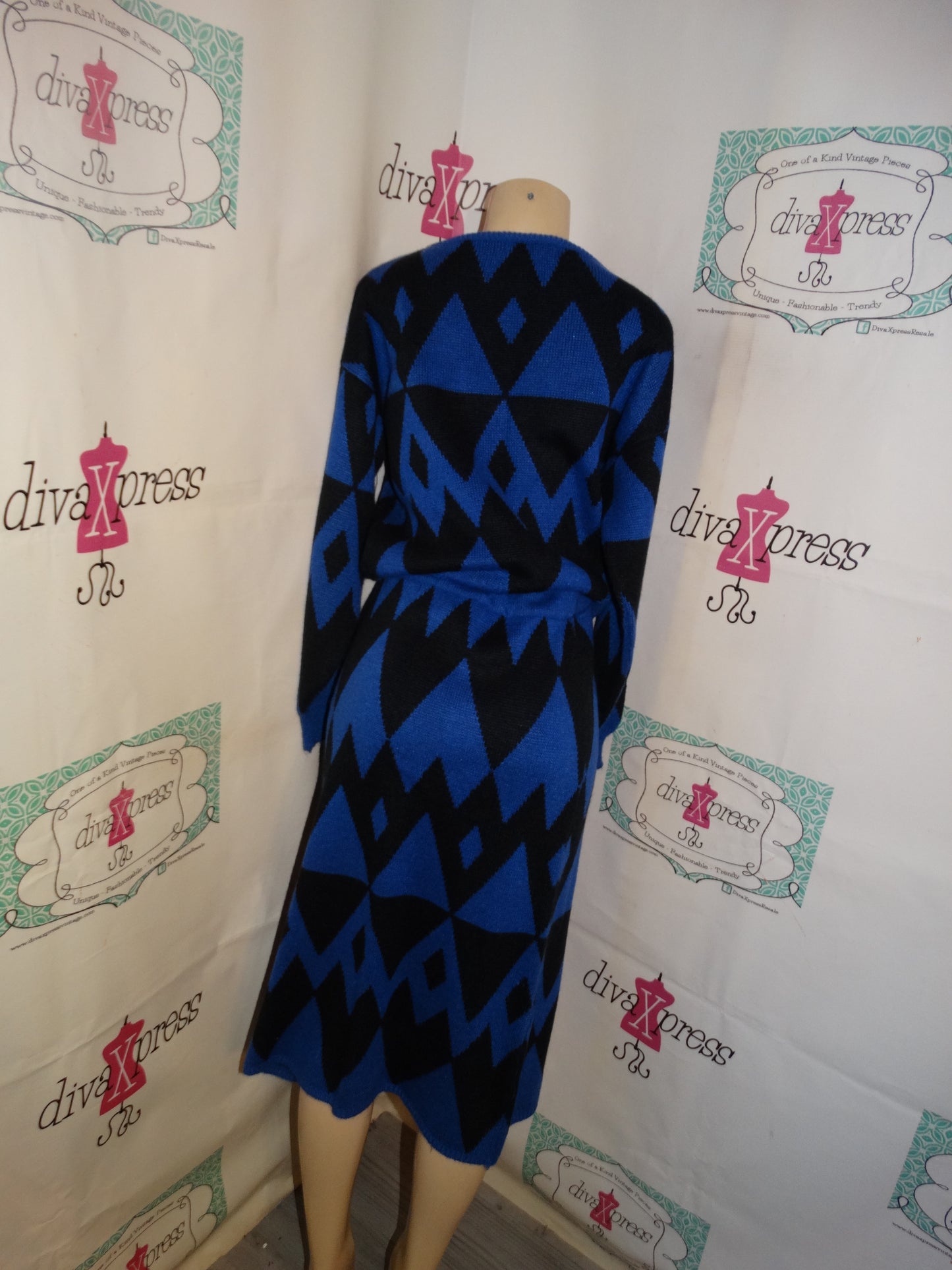 Vintage Jessica LTD Blue/Black Sweater 2 Piece Skirt Set Size L