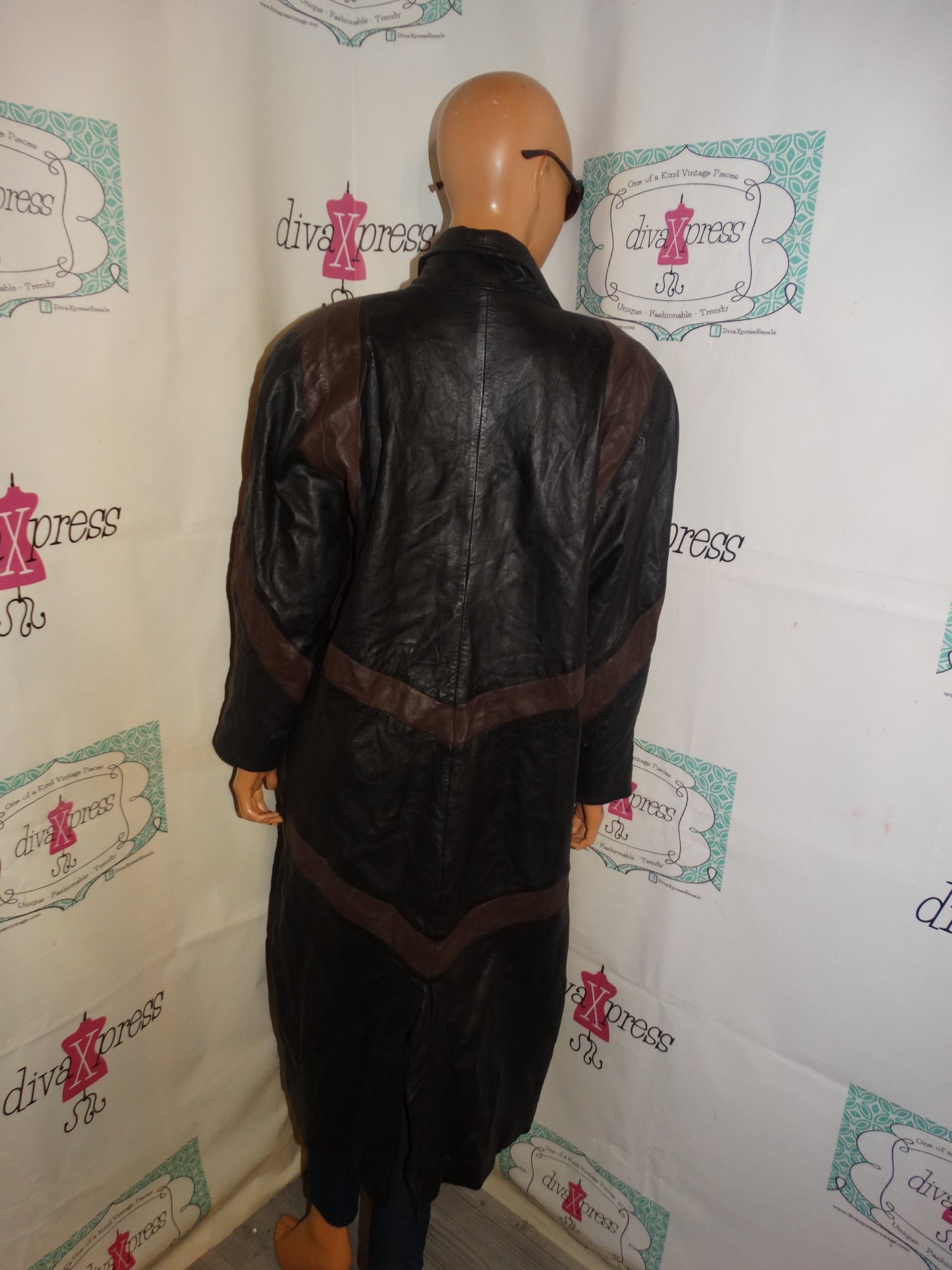 Vintage Leather Fox Black/Brown Leather Coat Size M