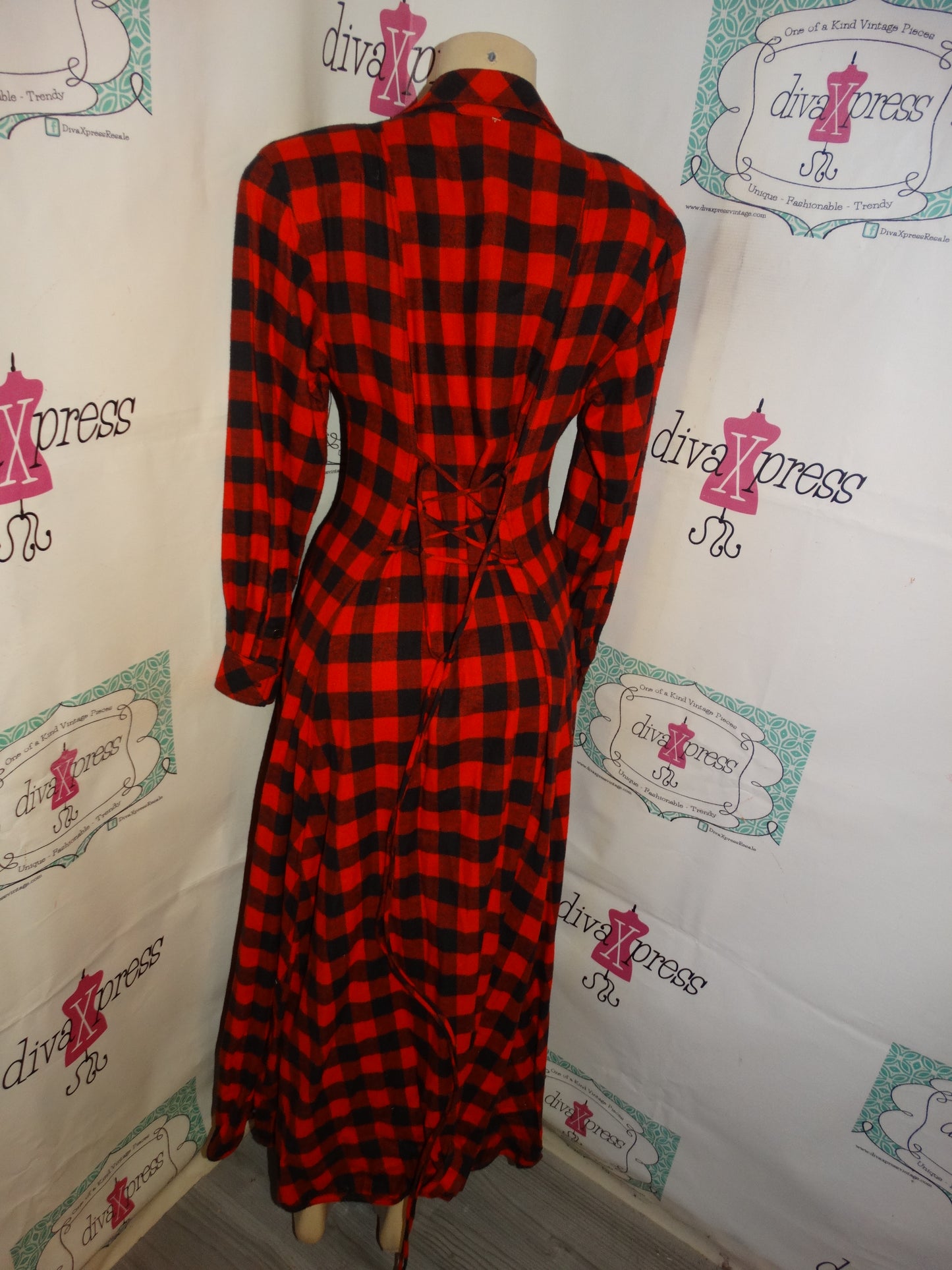 Vintage Jan Barboglio Black/Red Plaid High Shoulder Long Dress Size M