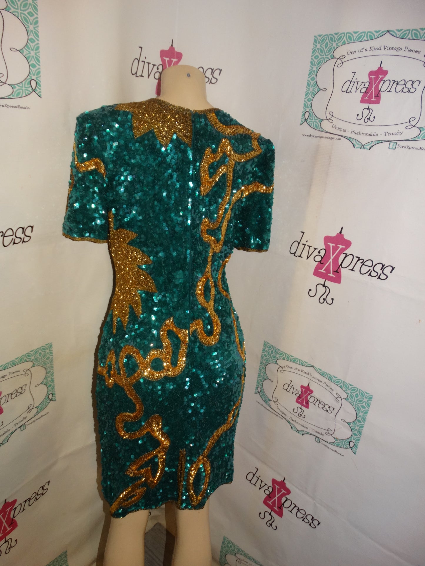 Vintage Lawerence KAzar Green/Gold Sequins Dress Size M