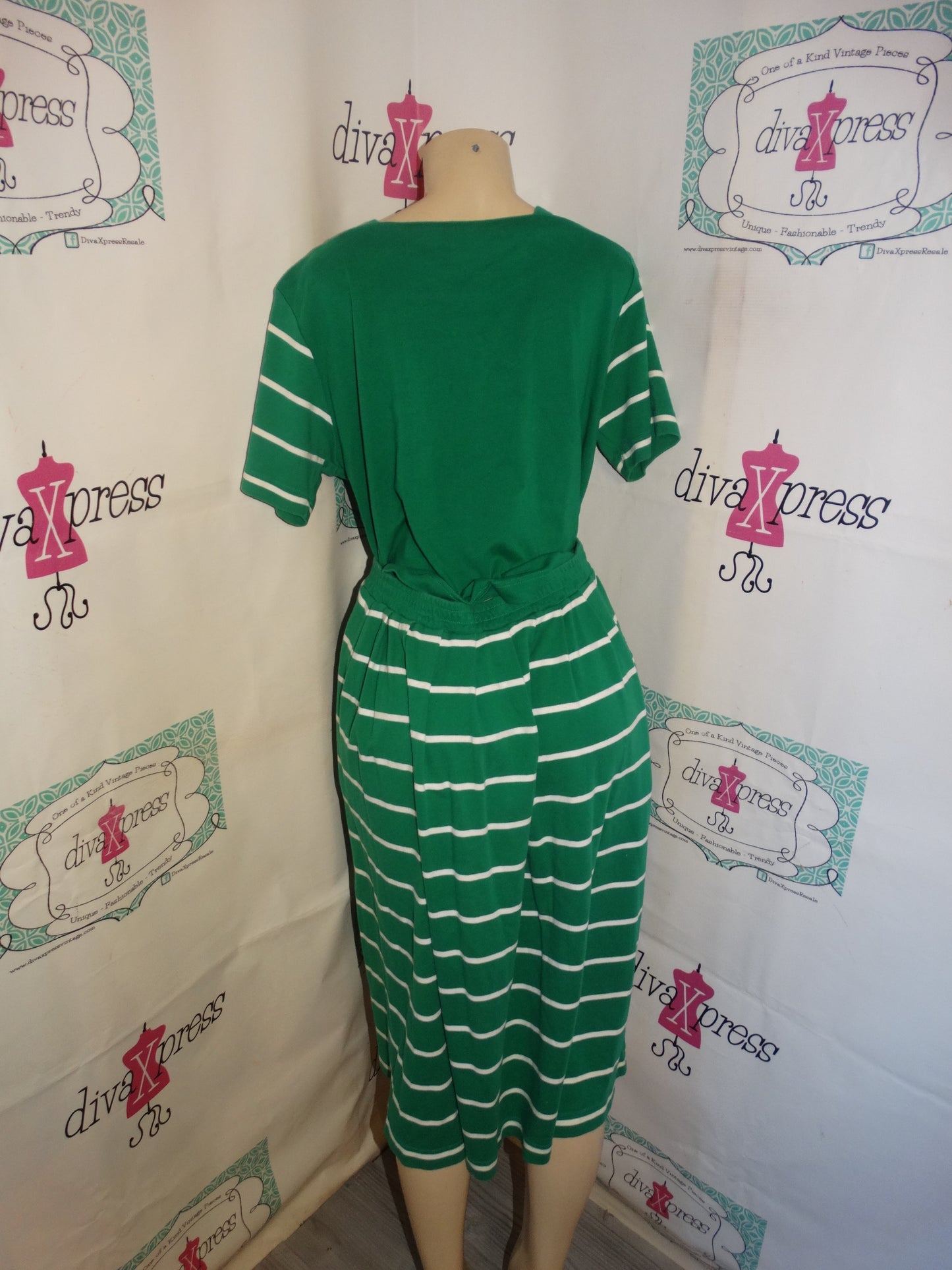 Vintage Talbots Green/White Stripe Skirt Set Size L