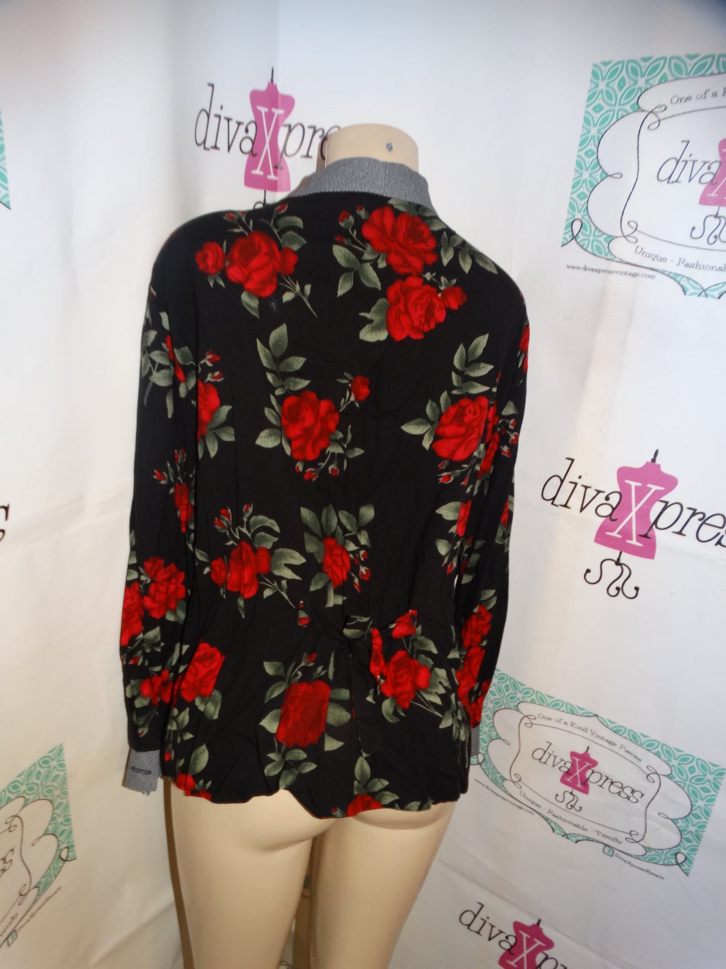 Vintage Jessica Scott Black Red Rose Blouse Size XL