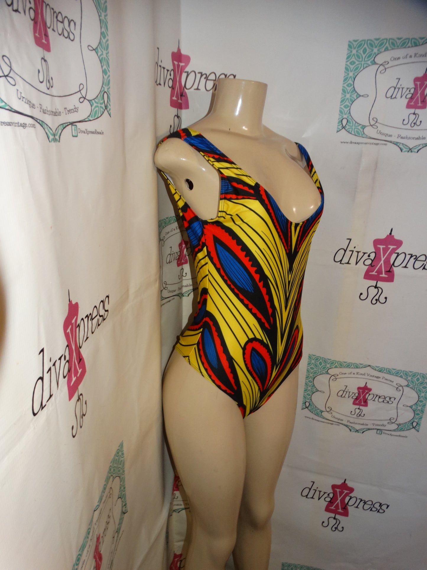 Yellow/Blue Feather Bathing Suit Size M