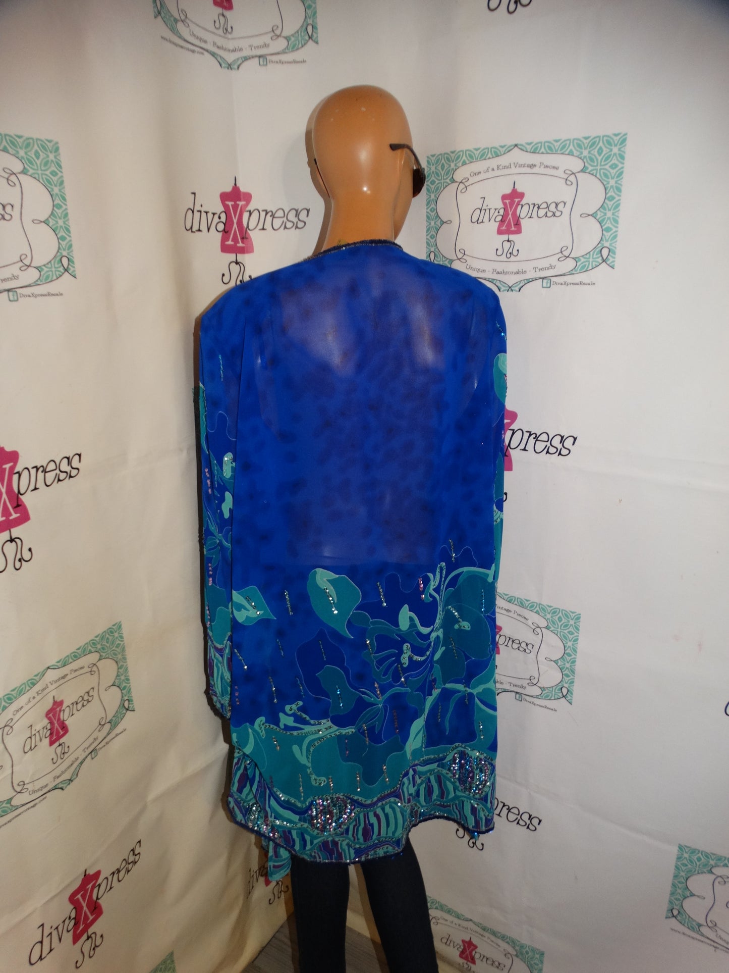 Vintage Midnight Velvet Blue Sequins Sheer Duster Size XL