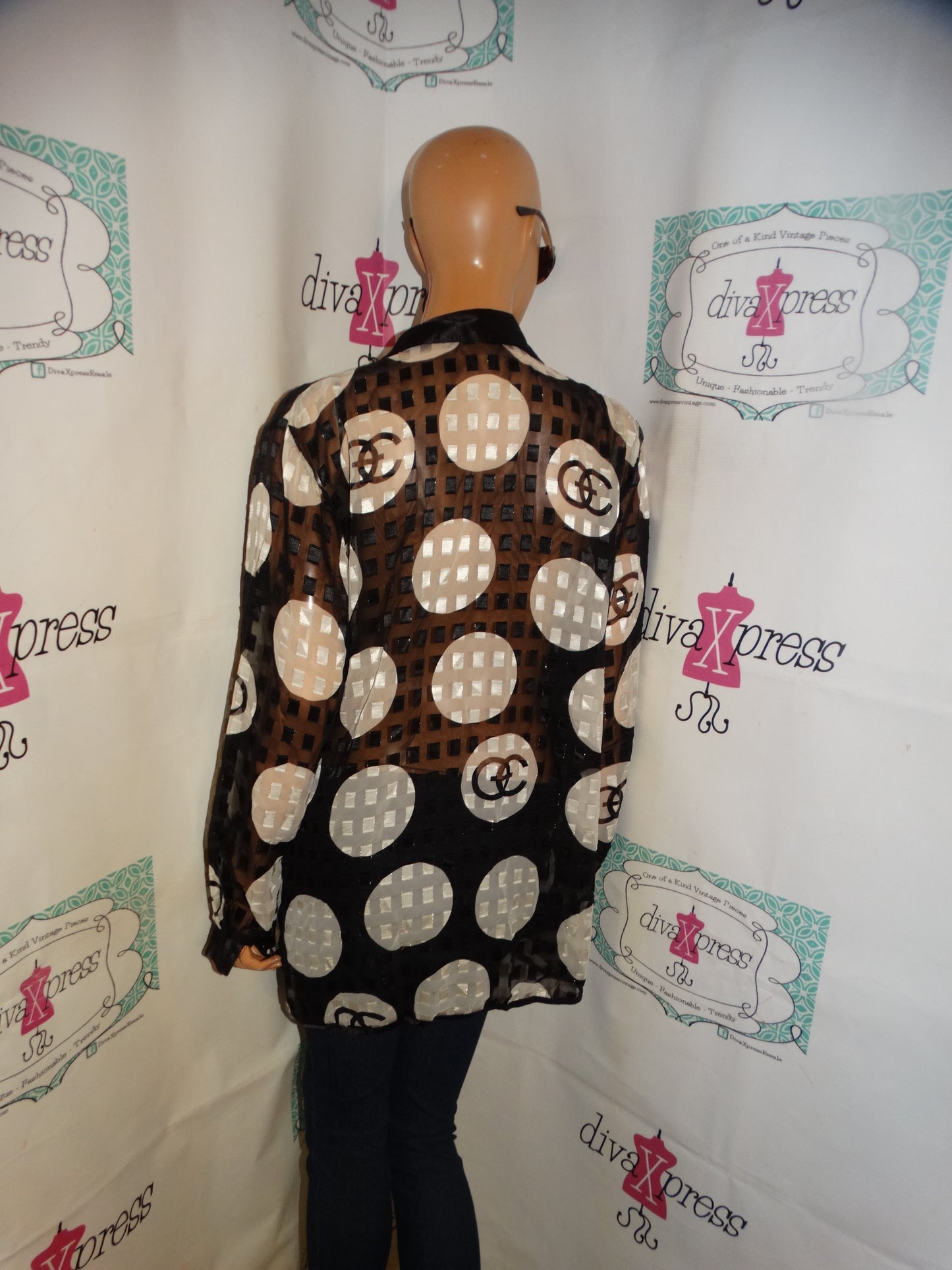 Vintage SAM Black/White Sheer Blouse Size xl