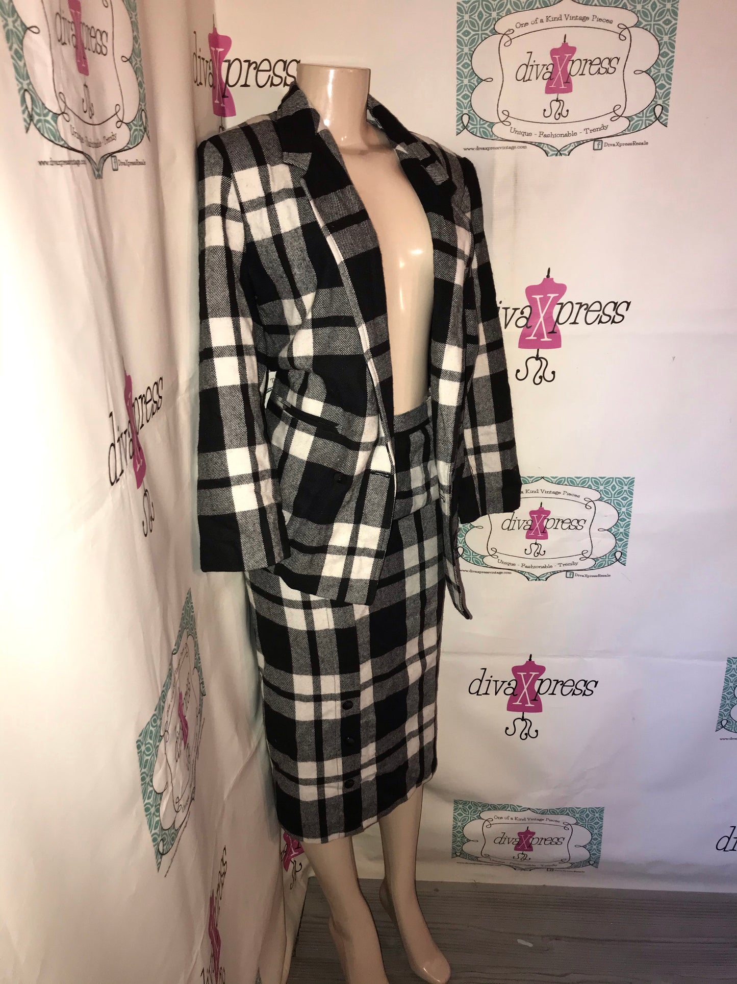 Vintage Rocky Black/White Plaid 2 Piece Skirt Set Size S-M