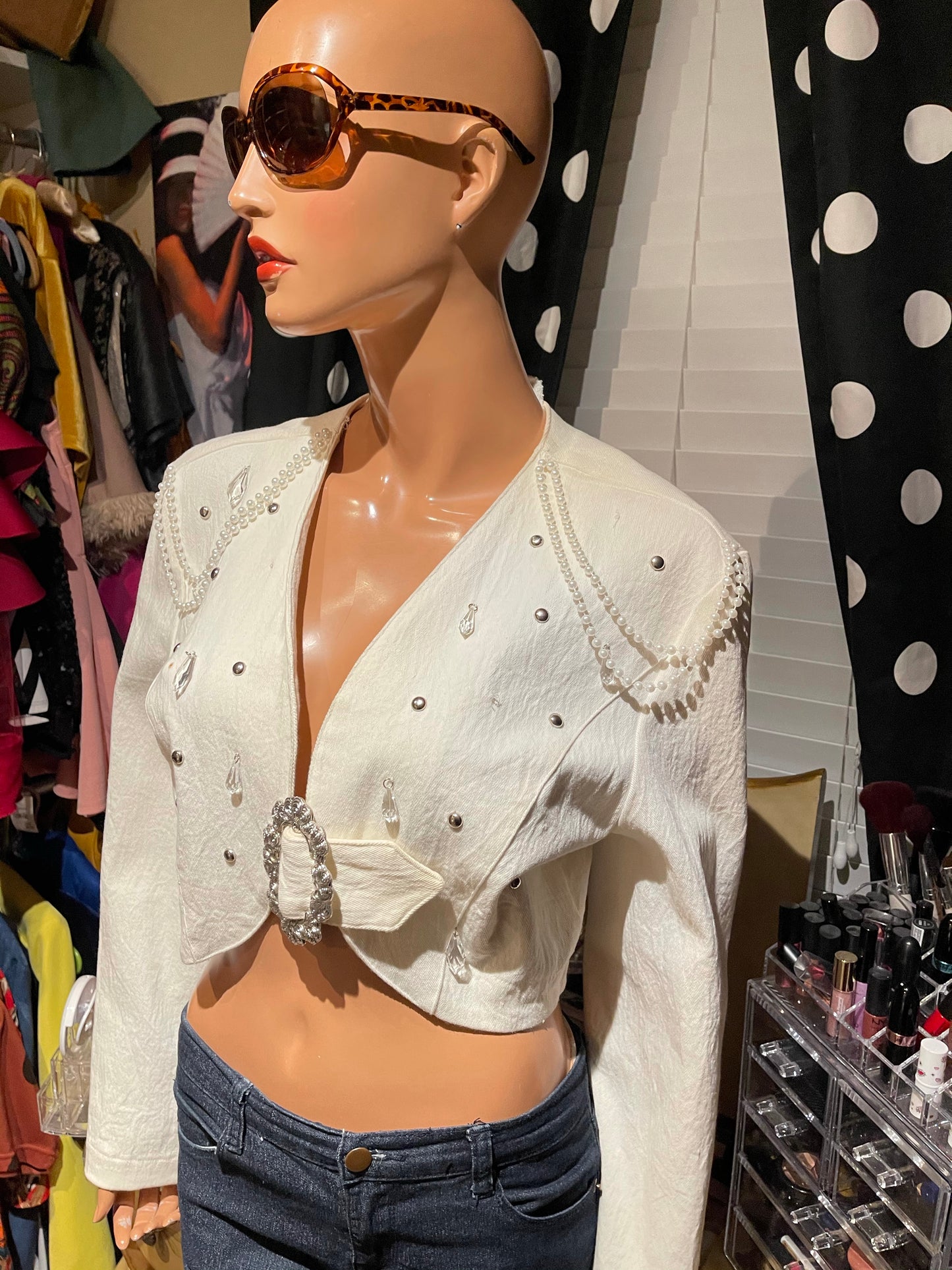 Vintage Shoe Cream Beaded Crop Jean Jacket Size M-L