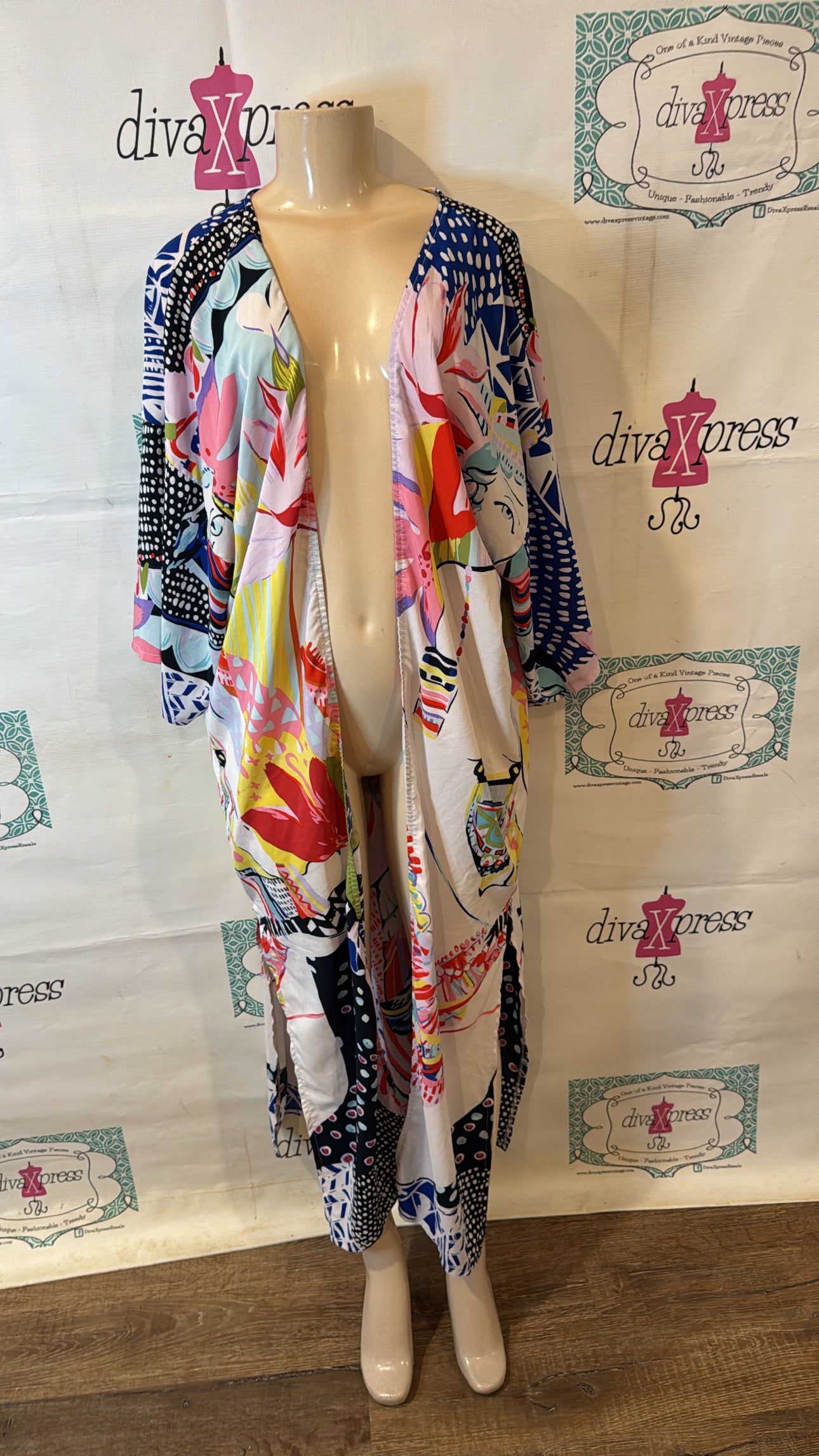 White Colorful Lady Long  Silk Duster Throw Size XL