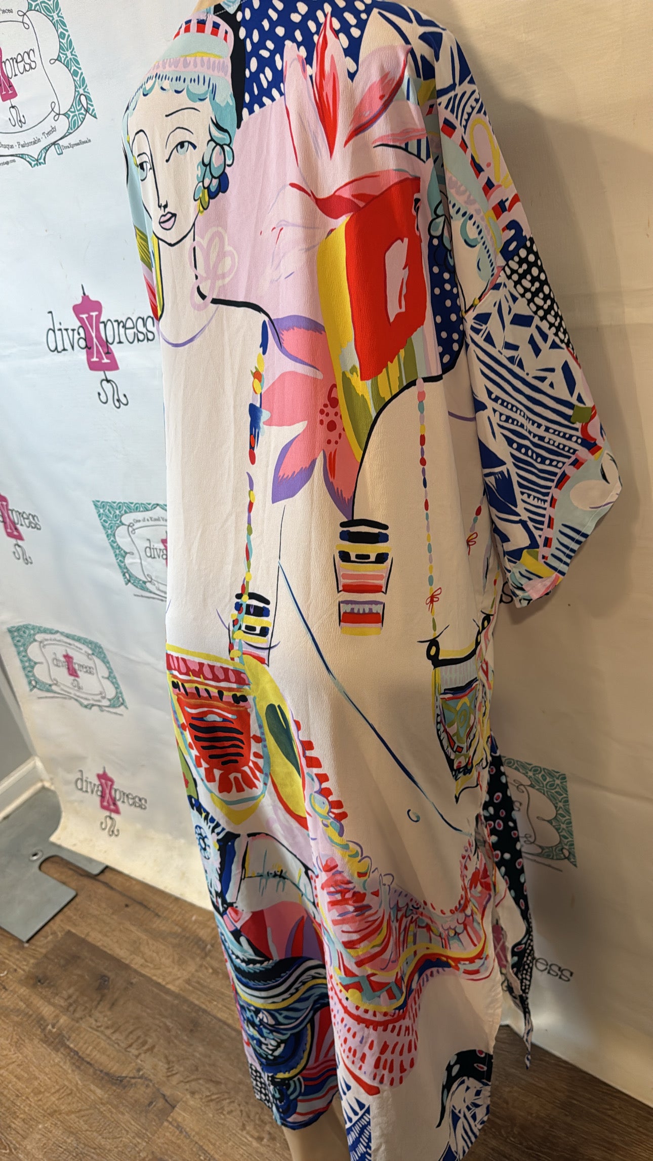 White Colorful Lady Long  Silk Duster Throw Size XL