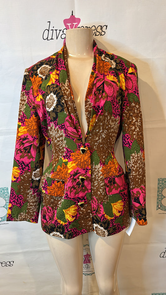 Vintage Colorful Brown/Pink Floral Silk Blazer Size L