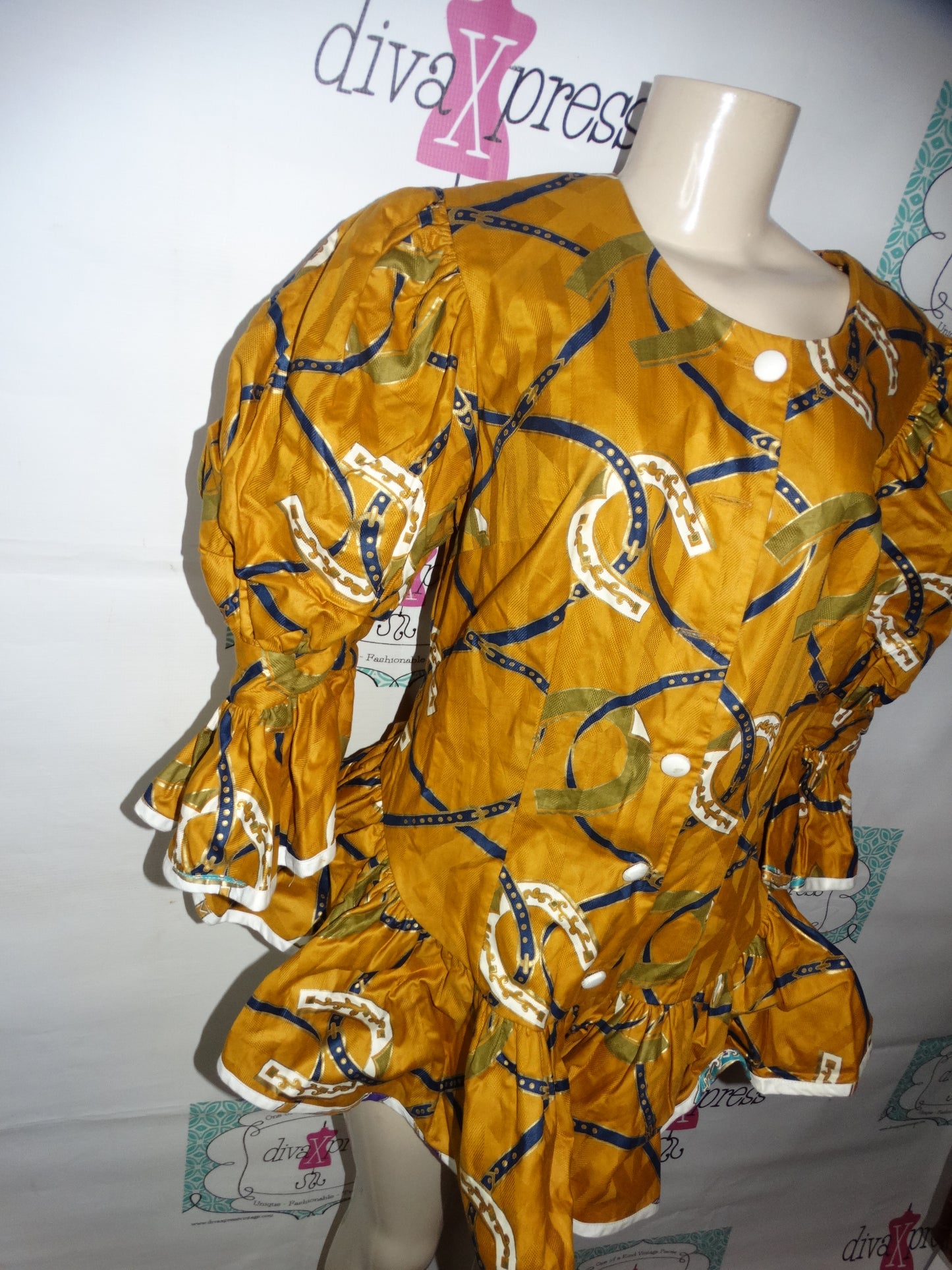 J's Coutwise Gold and Blue Peplum Heavy Puff Sleeve  Top Size XL