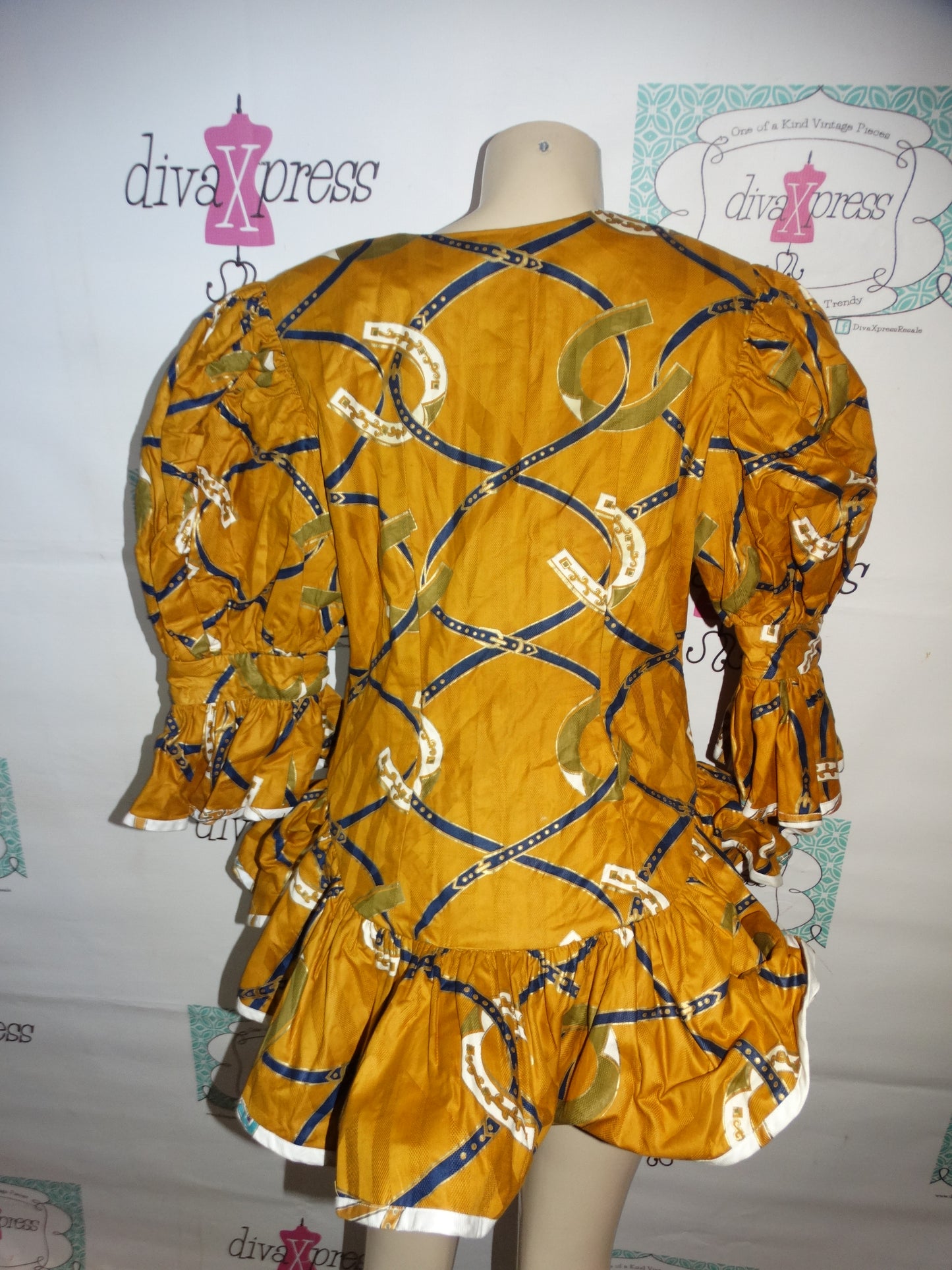 J's Coutwise Gold and Blue Peplum Heavy Puff Sleeve  Top Size XL