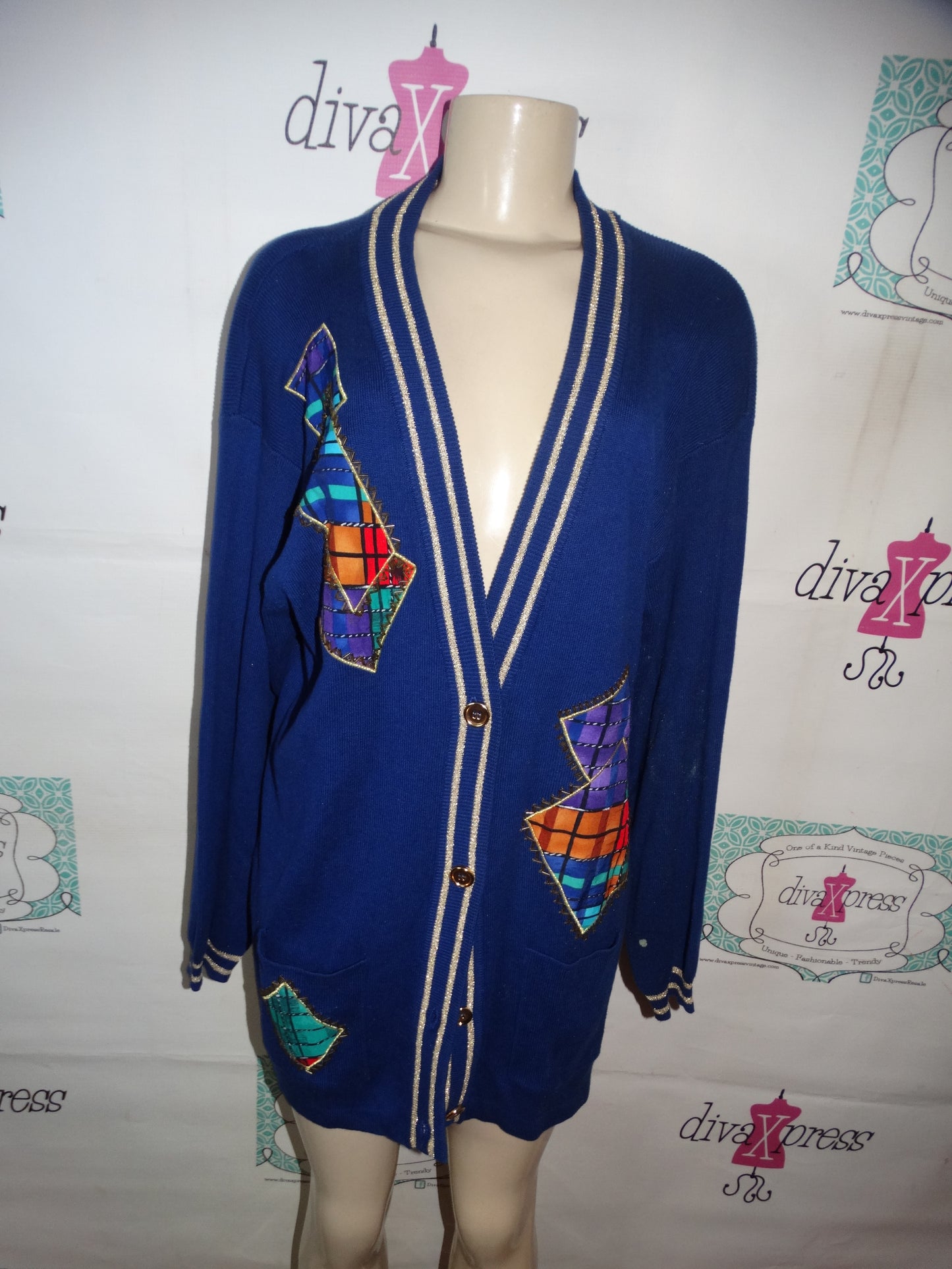 Vintage Qui Petites Blue Cardigan Sweater Size 1x