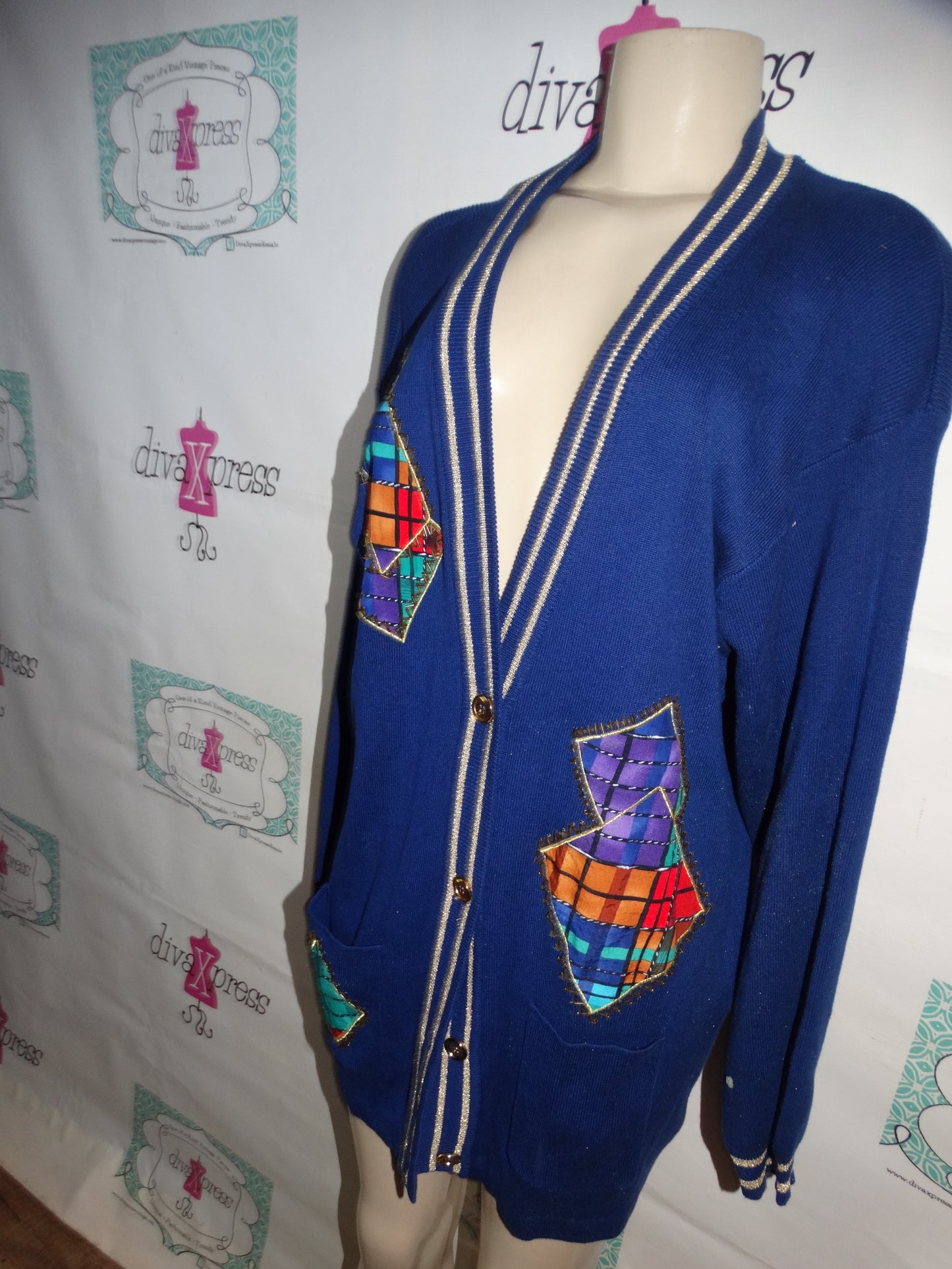 Vintage Qui Petites Blue Cardigan Sweater Size 1x