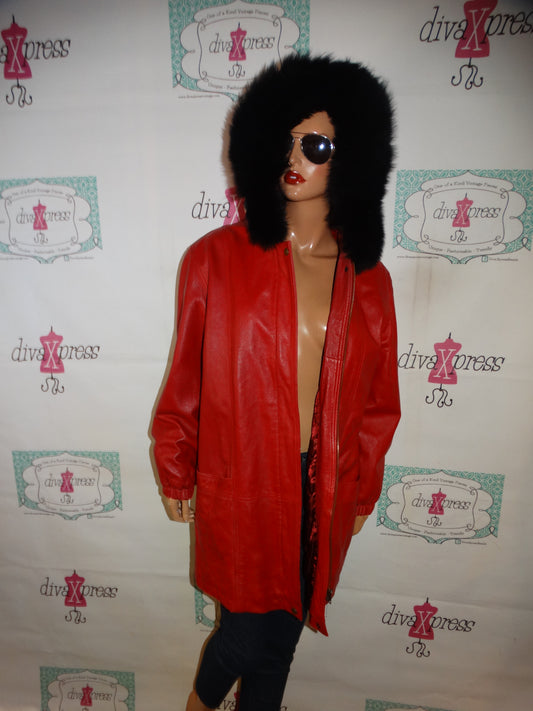 Vintage Excelled Red leather Fur Hooded Coat Size L
