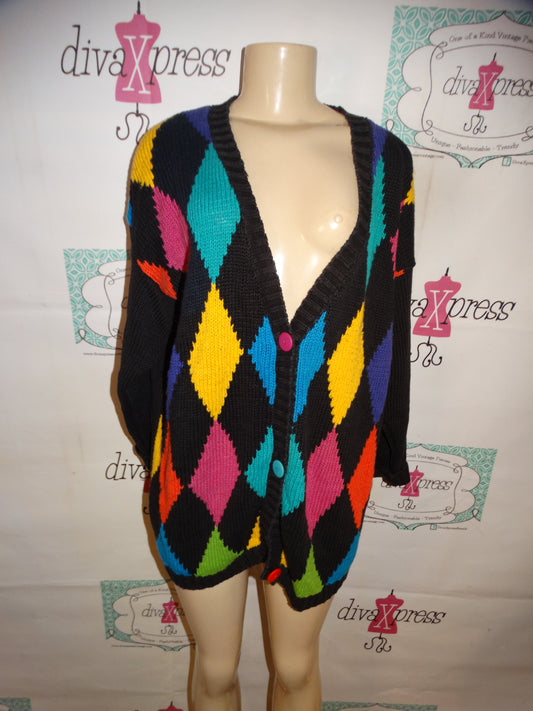 Vintage Extra Point Black Colorful Sweater/Cardigan Size XL