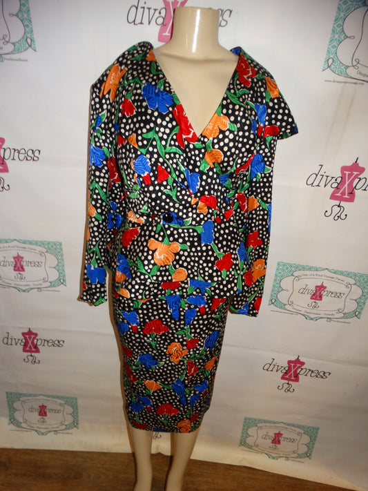 Vintage Galleria Black/White Colorful 2 Piece Skirt Set Silk Size 1x