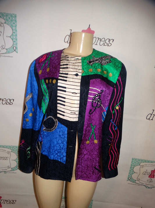 Vintage Colorful Silk Music Style Blouse Size L